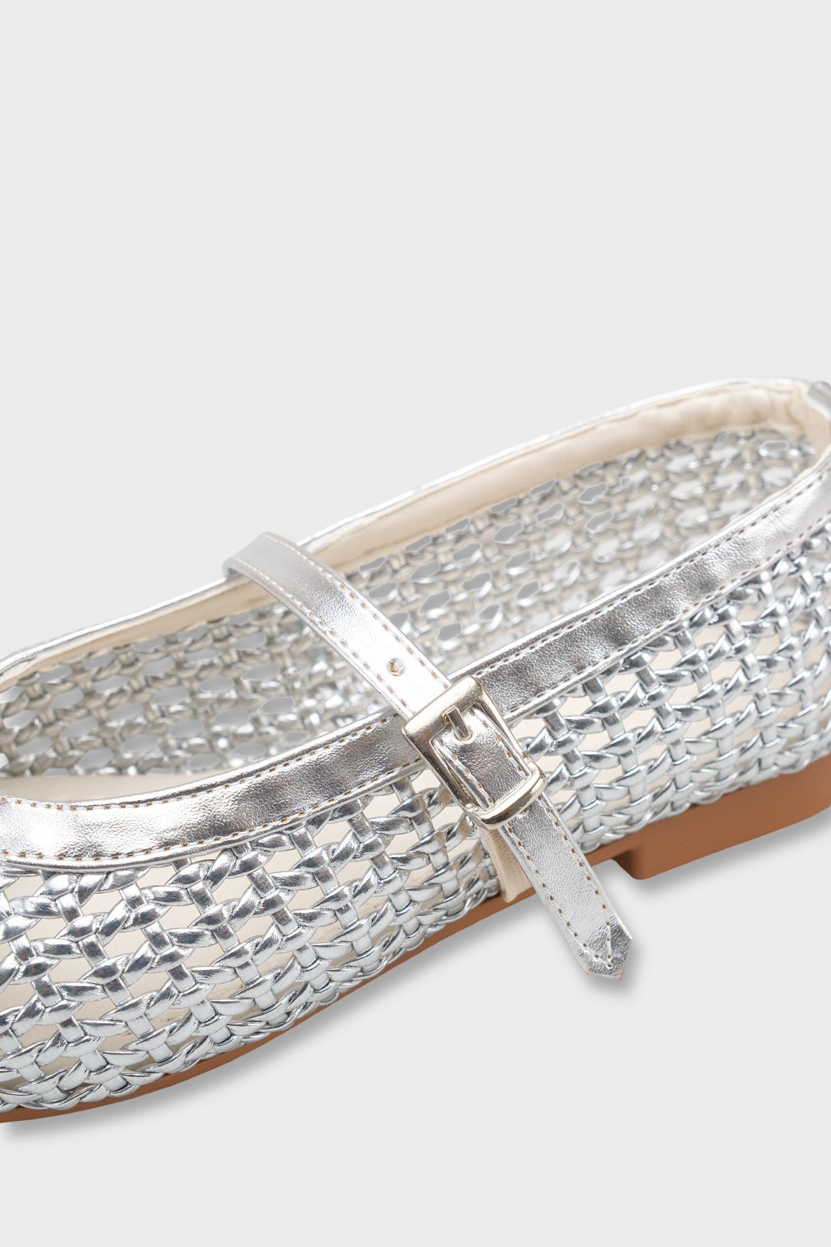 Capone Marnia Buckle Strap Square Toe Raffia Look Women Silver Ballet Flat