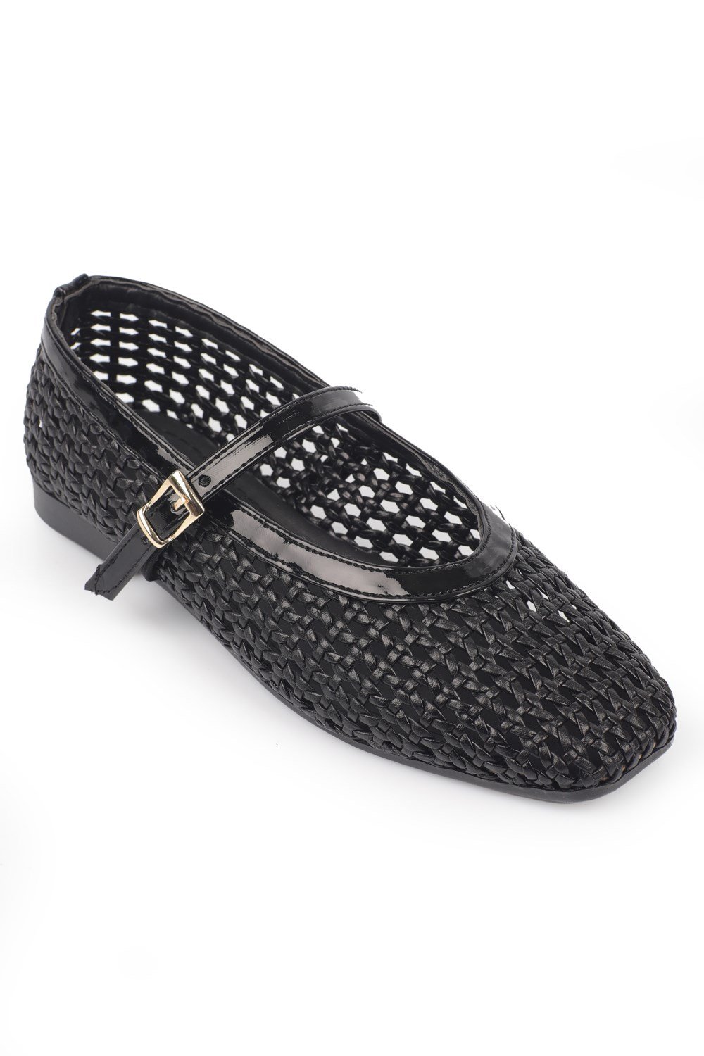 Capone Marnia Buckle Strap Square Toe Raffia Look Women Black Ballet Flat