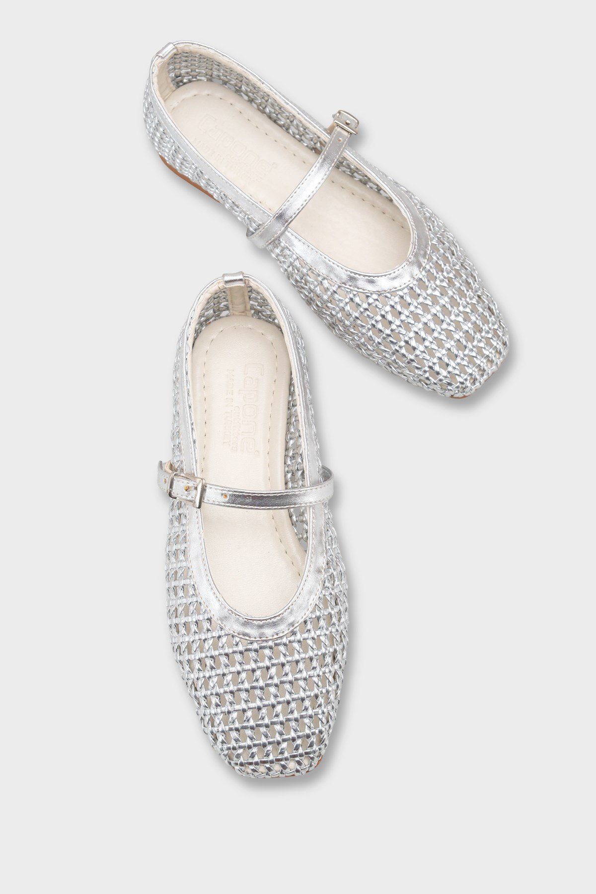 Capone Marnia Buckle Strap Square Toe Raffia Look Women Silver Ballet Flat