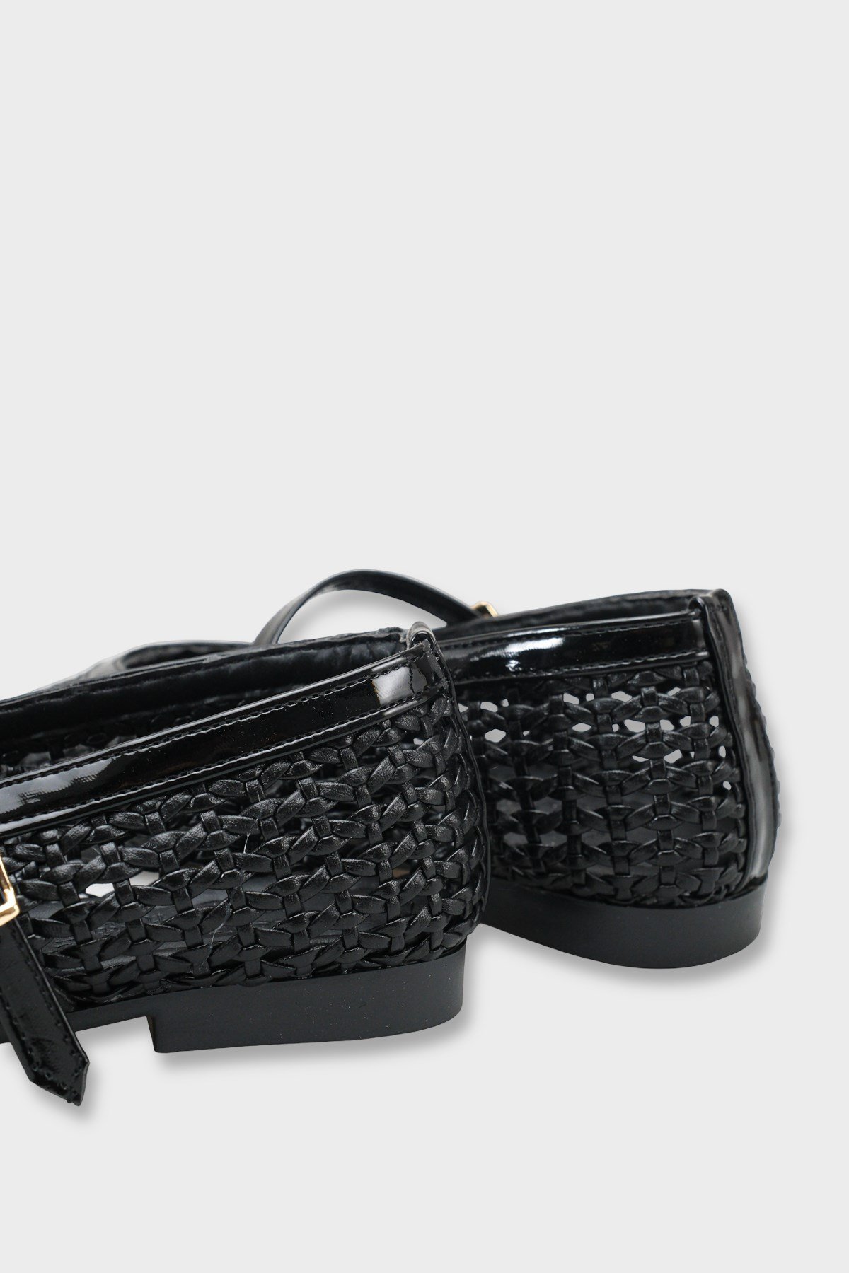 Capone Marnia Buckle Strap Square Toe Raffia Look Women Black Ballet Flat