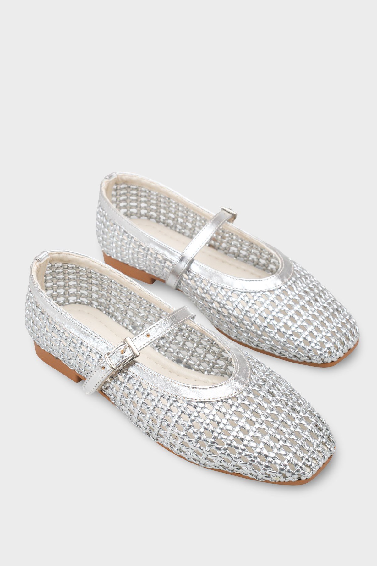 Capone Marnia Buckle Strap Square Toe Raffia Look Women Silver Ballet Flat