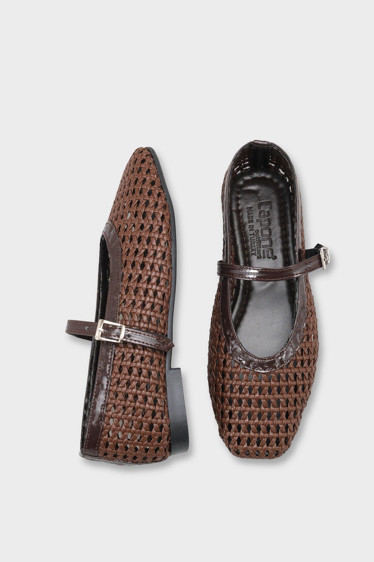 Capone Marnia Buckle Strap Square Toe Raffia Look Women Brown Ballet Flat