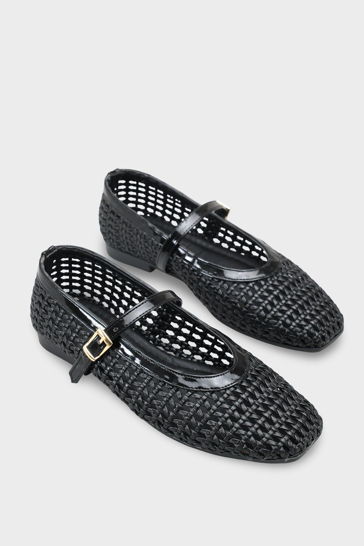 Capone Marnia Buckle Strap Square Toe Raffia Look Women Black Ballet Flat