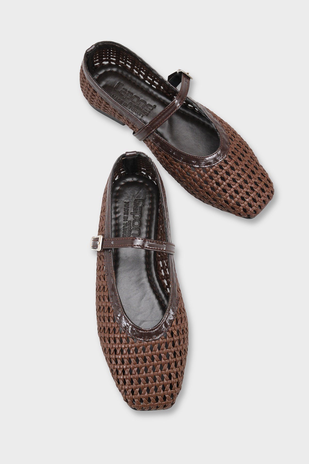 Capone Marnia Buckle Strap Square Toe Raffia Look Women Brown Ballet Flat