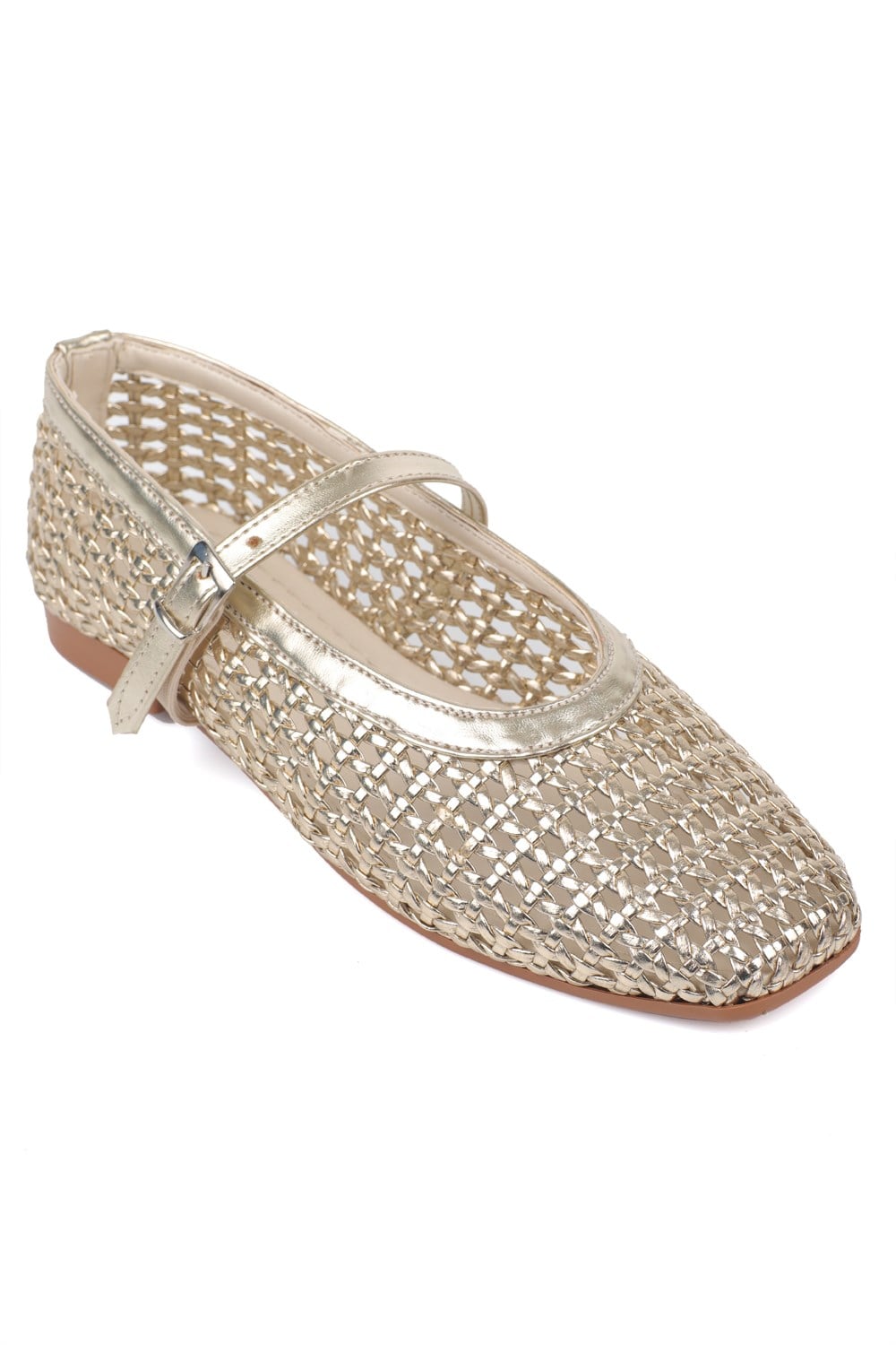 Capone Marnia Buckle Strap Square Toe Raffia Look Women  Ballet Flat