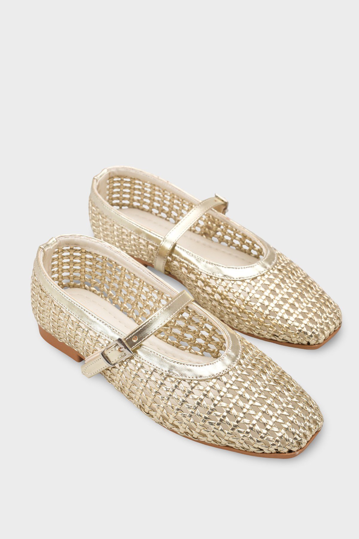 Capone Marnia Buckle Strap Square Toe Raffia Look Women Gold Ballet Flat