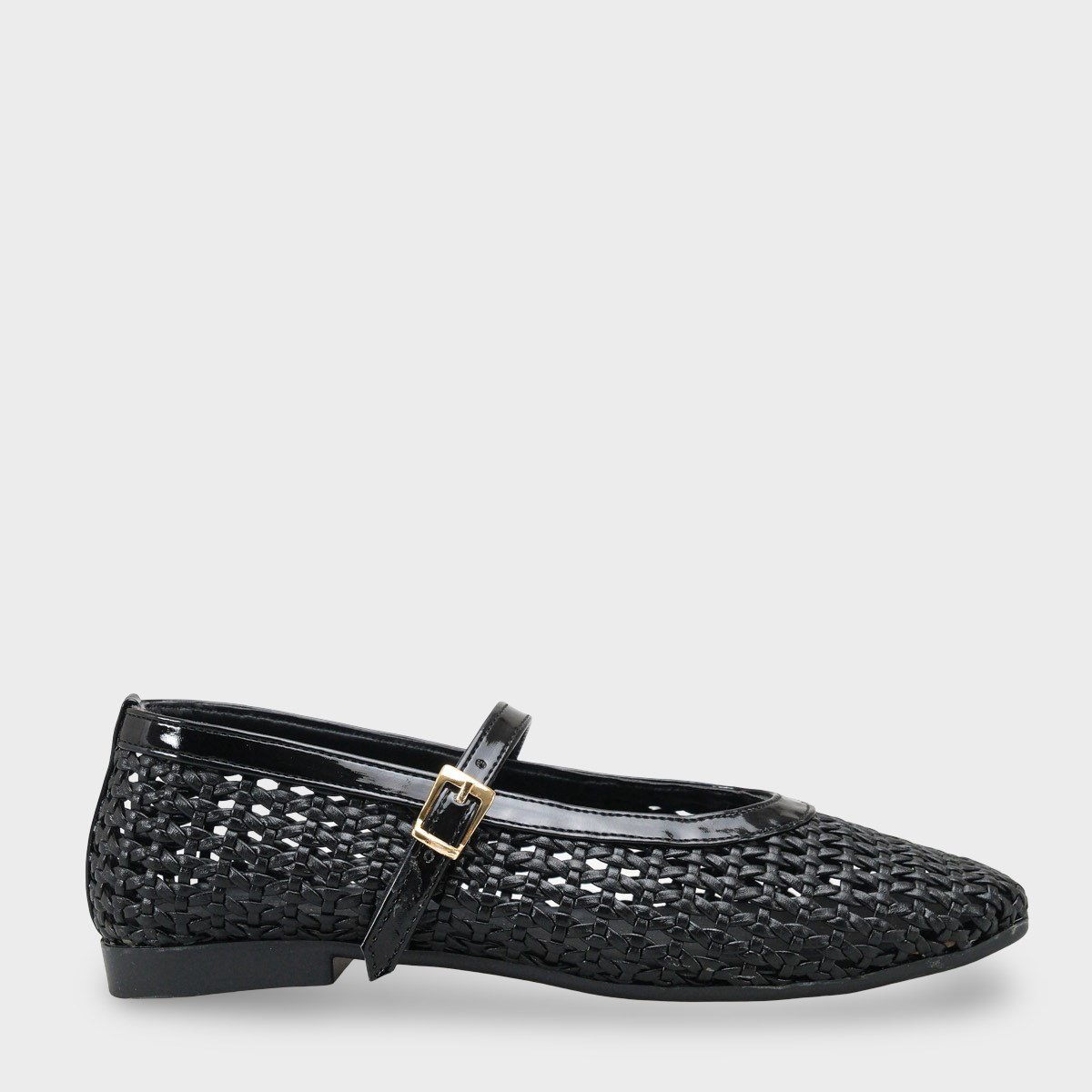 Capone Marnia Buckle Strap Square Toe Raffia Look Women Black Ballet Flat