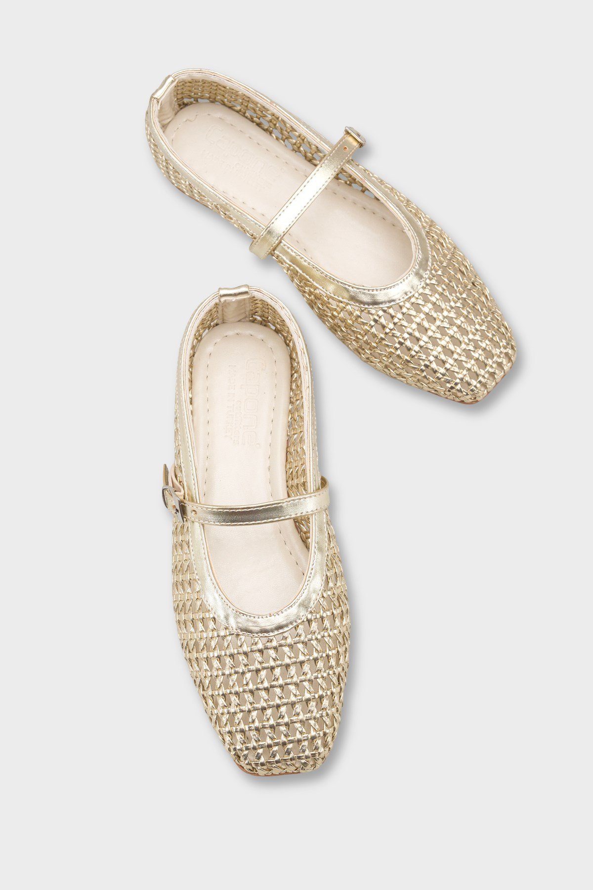 Capone Marnia Buckle Strap Square Toe Raffia Look Women Gold Ballet Flat