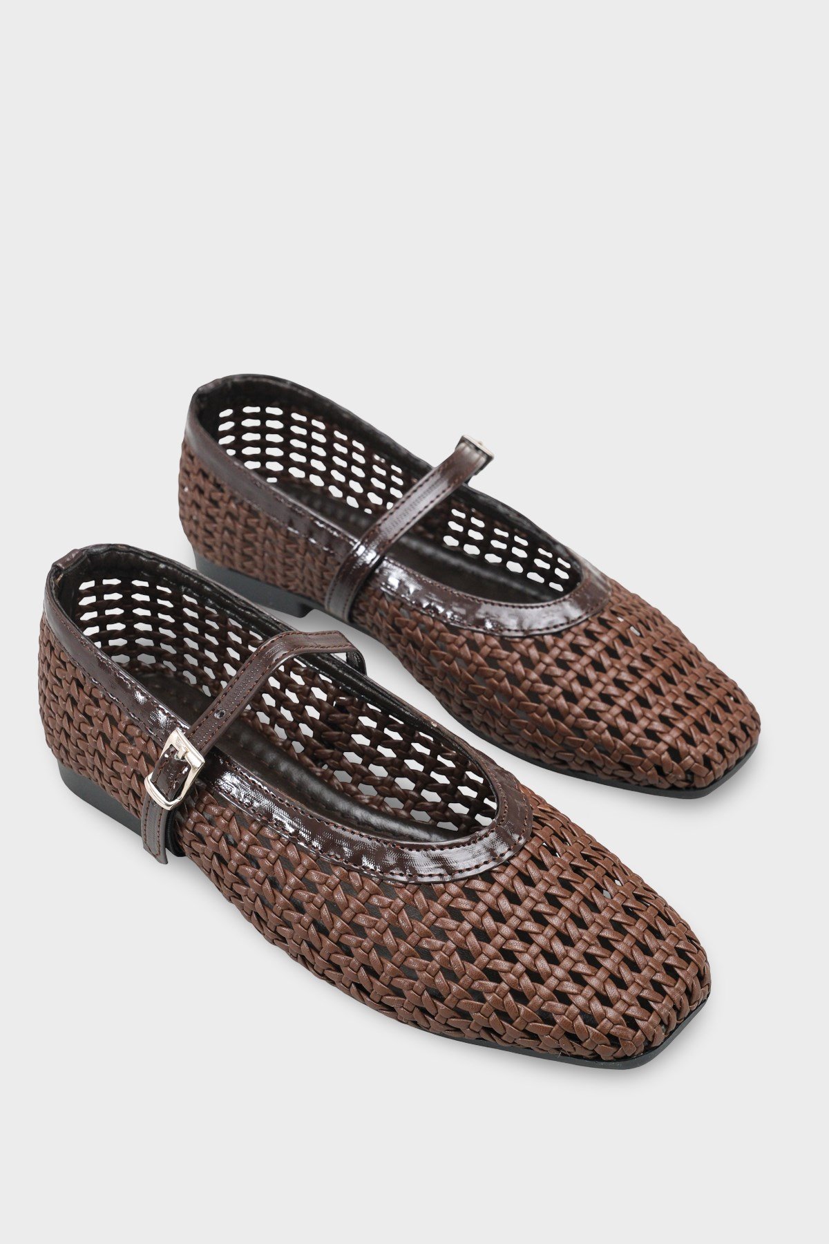 Capone Marnia Buckle Strap Square Toe Raffia Look Women Brown Ballet Flat