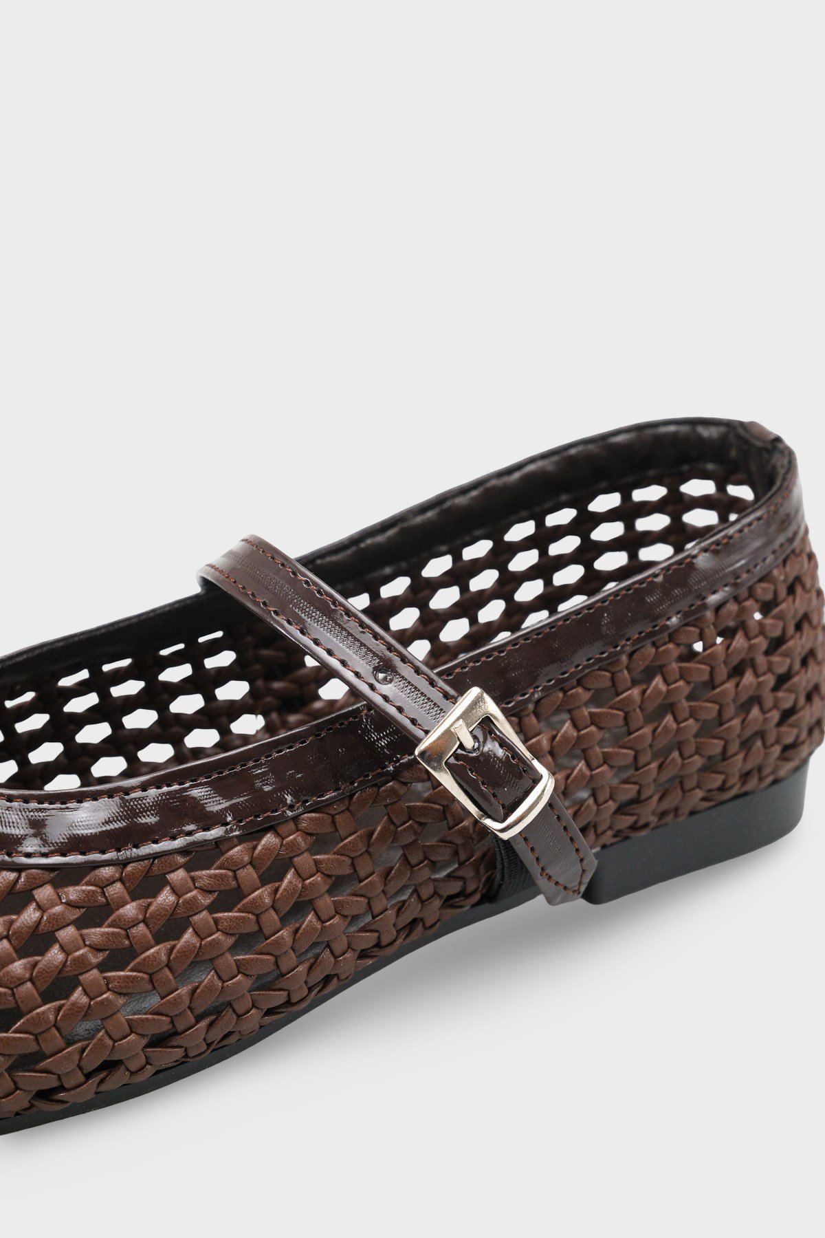 Capone Marnia Buckle Strap Square Toe Raffia Look Women Brown Ballet Flat