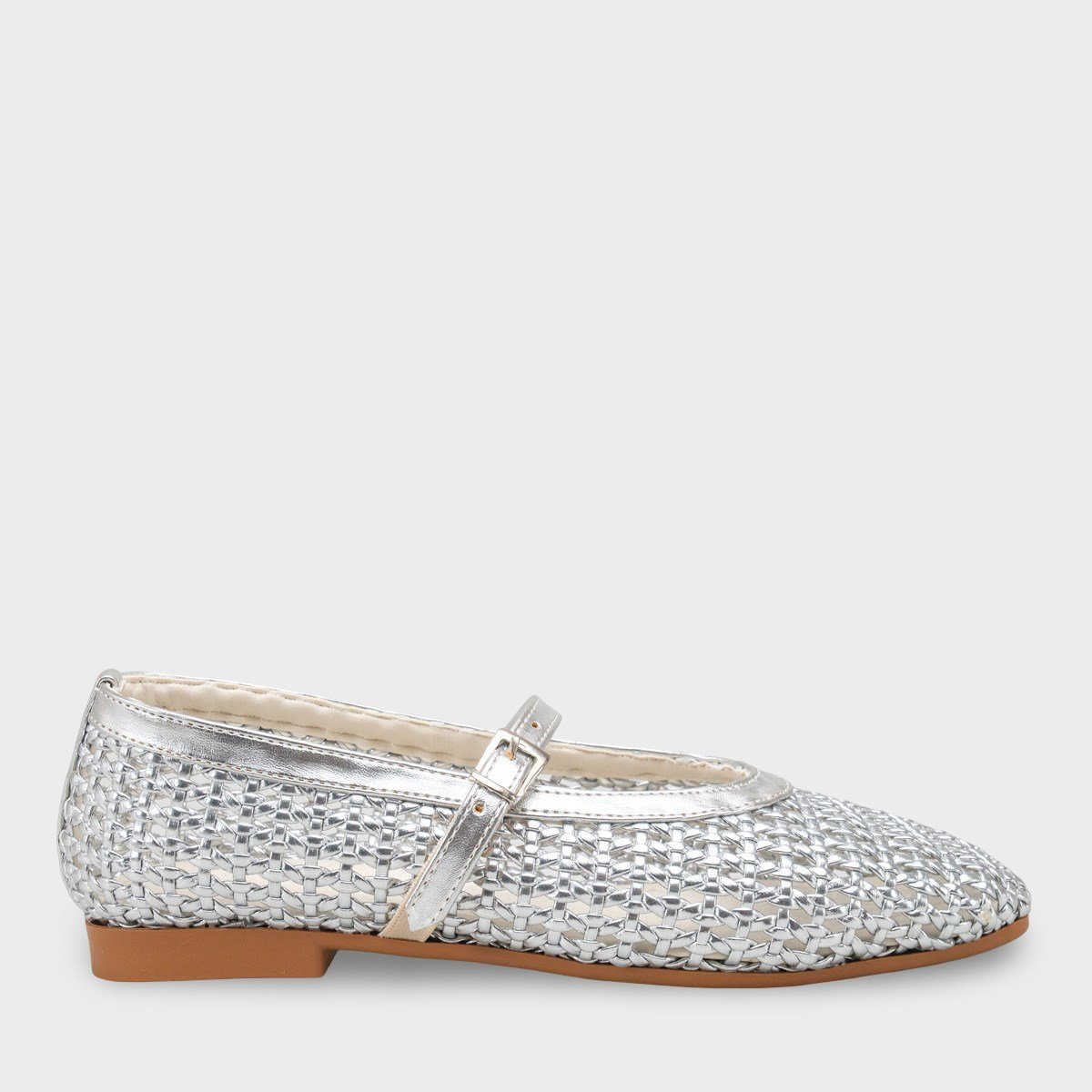 Capone Marnia Buckle Strap Square Toe Raffia Look Women Silver Ballet Flat
