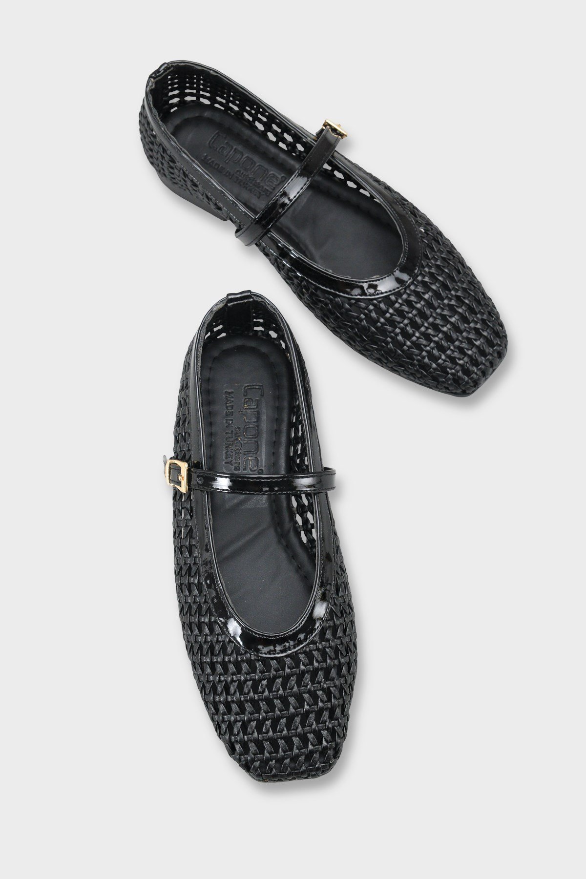 Capone Marnia Buckle Strap Square Toe Raffia Look Women Black Ballet Flat