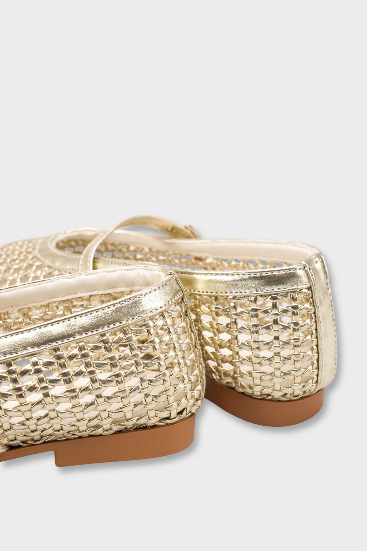 Capone Marnia Buckle Strap Square Toe Raffia Look Women Gold Ballet Flat
