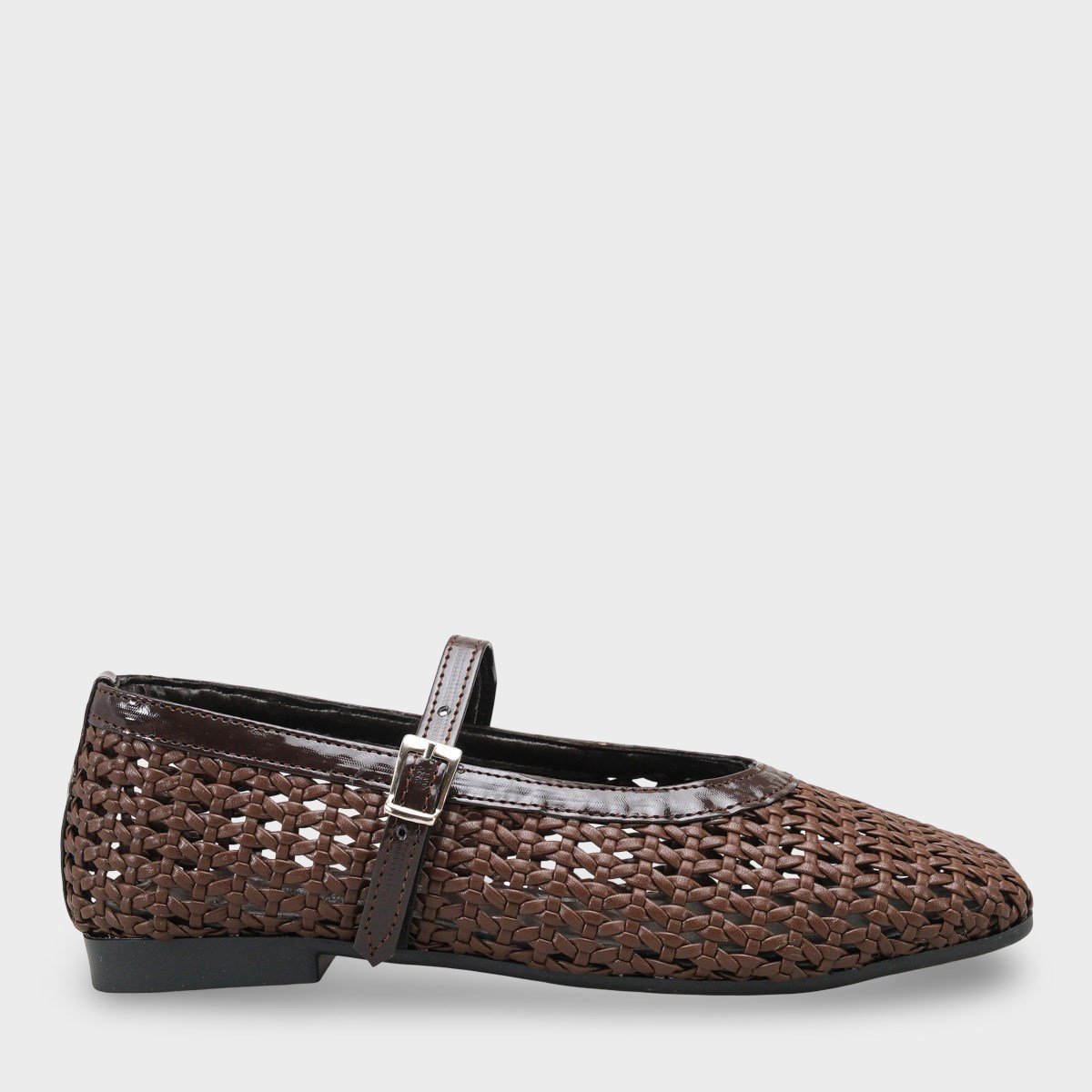 Capone Marnia Buckle Strap Square Toe Raffia Look Women Brown Ballet Flat