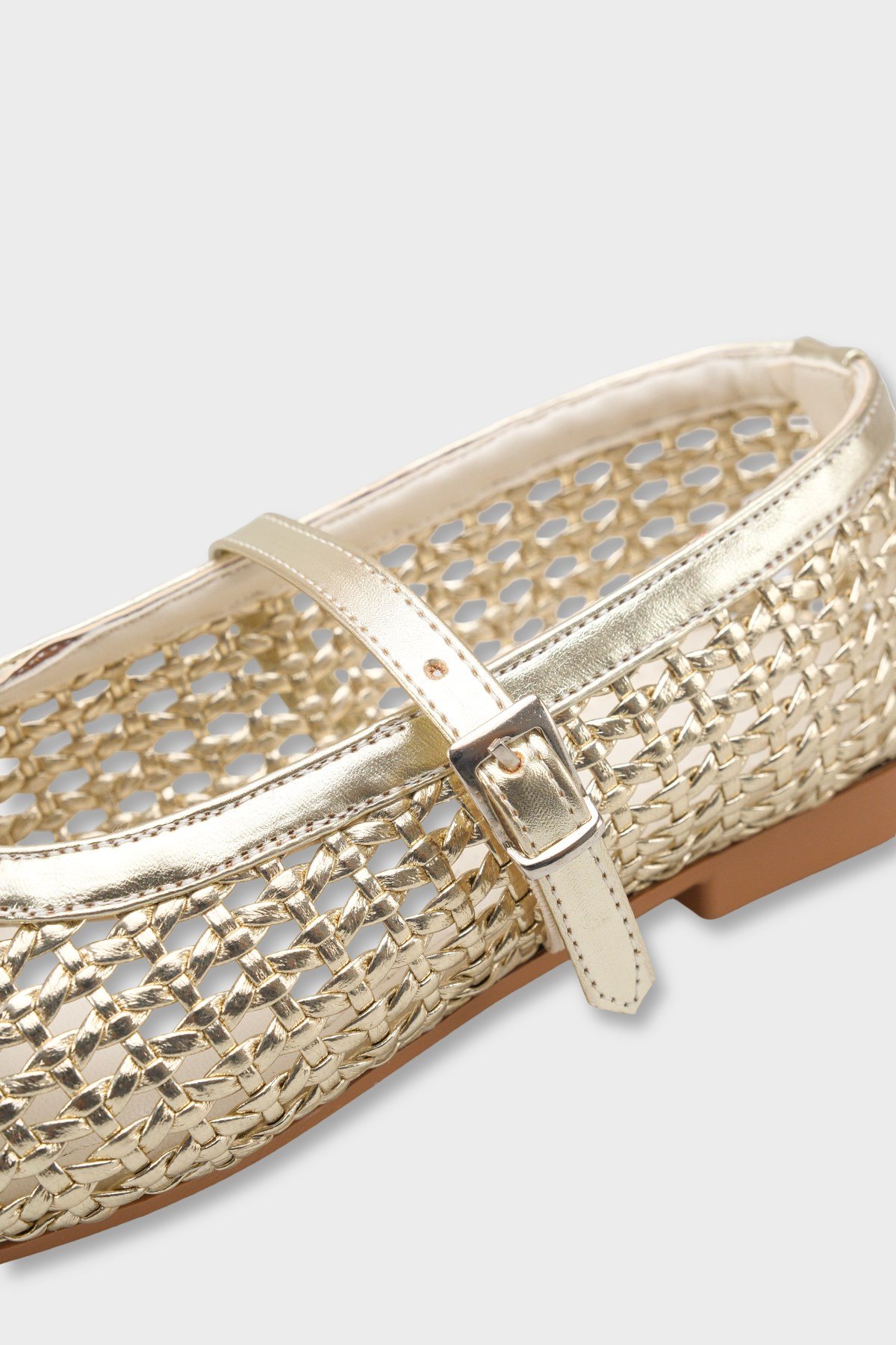 Capone Marnia Buckle Strap Square Toe Raffia Look Women Gold Ballet Flat
