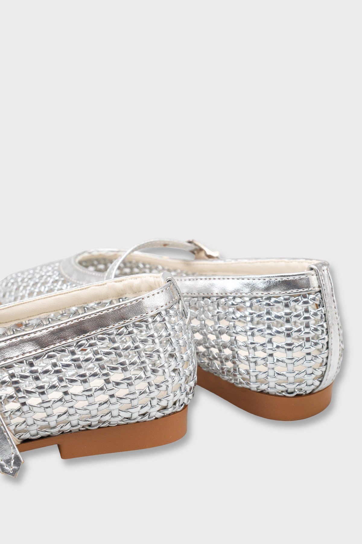 Capone Marnia Buckle Strap Square Toe Raffia Look Women Silver Ballet Flat