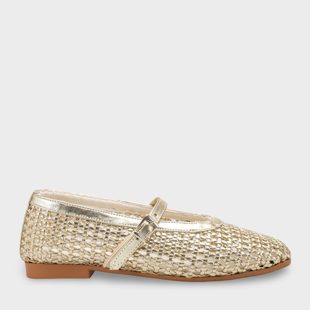Capone Marnia Buckle Strap Square Toe Raffia Look Women Gold Ballet Flat