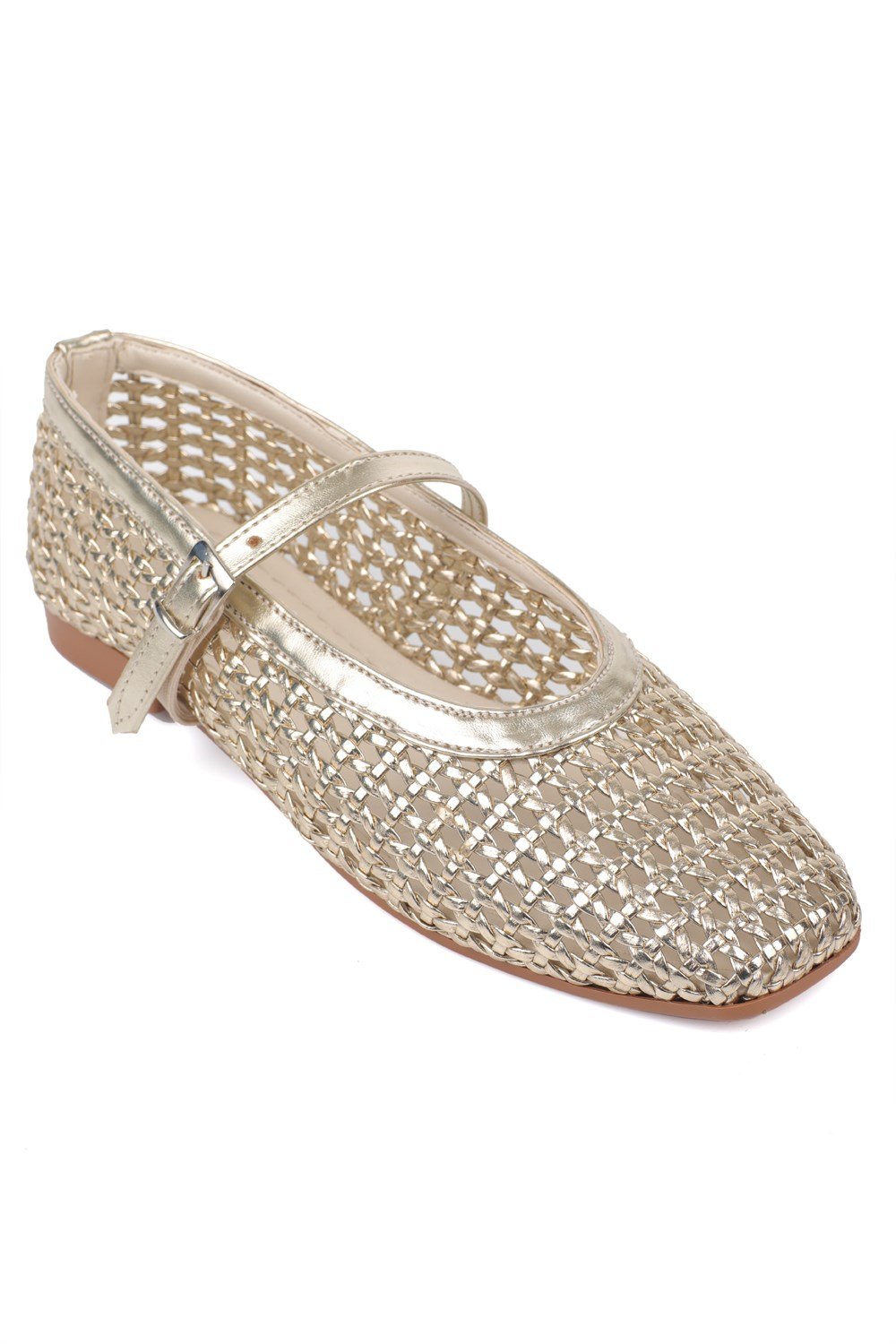 Capone Marnia Buckle Strap Square Toe Raffia Look Women Gold Ballet Flat