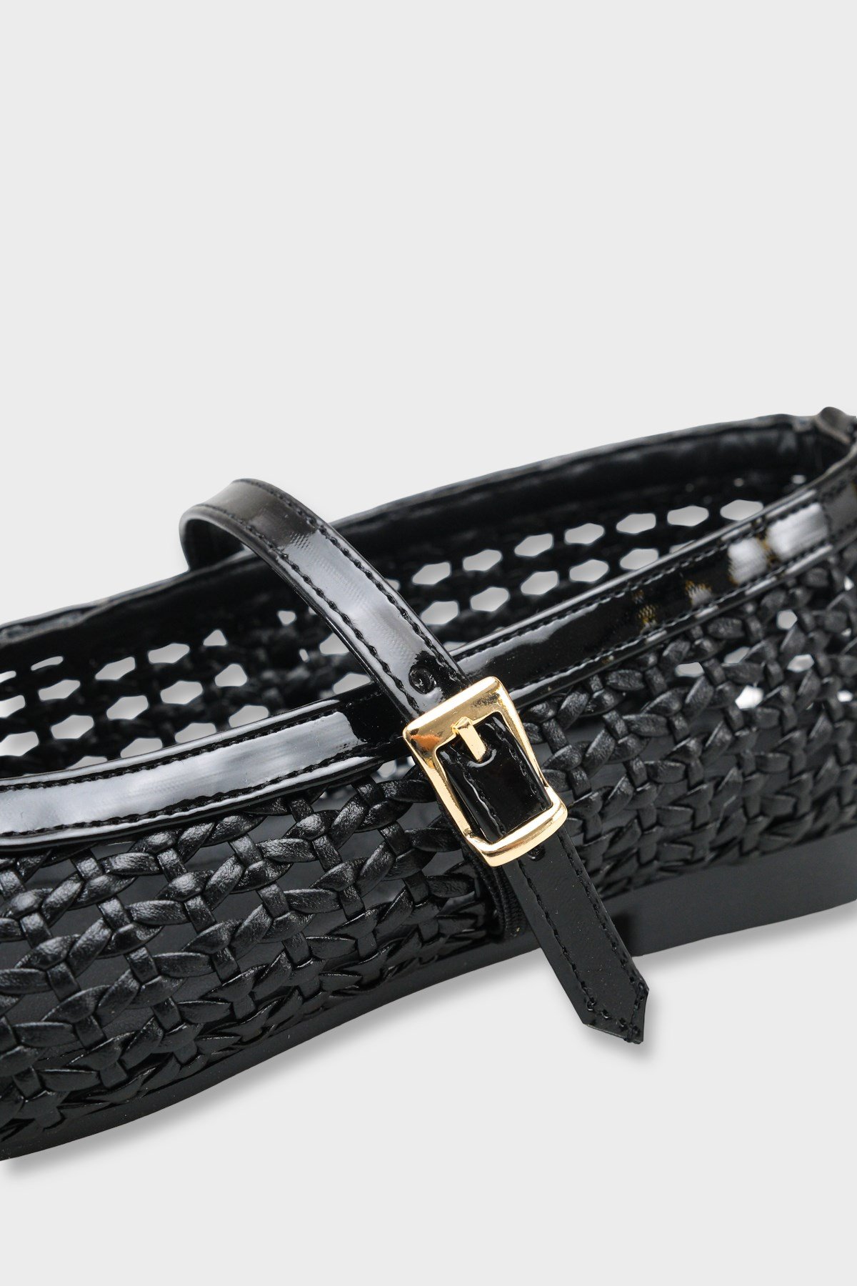 Capone Marnia Buckle Strap Square Toe Raffia Look Women Black Ballet Flat