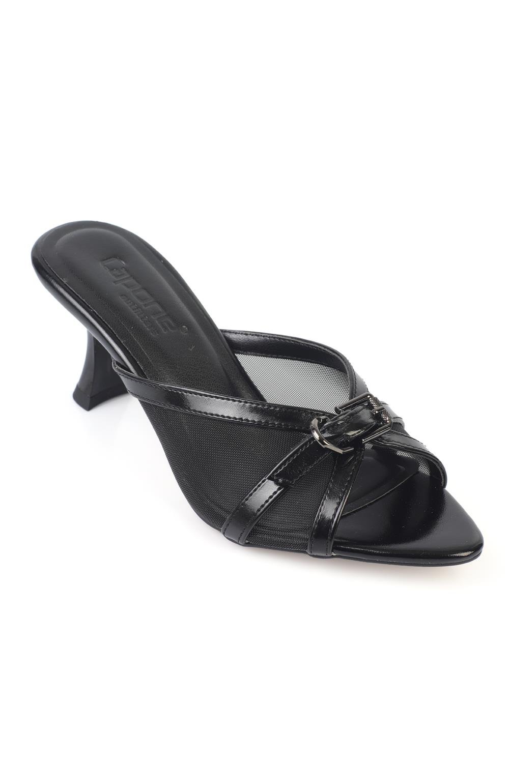 Capone Marnie Pointed Toe Mesh Metal Buckle Mid Heel Elegant Women Black Sandal
