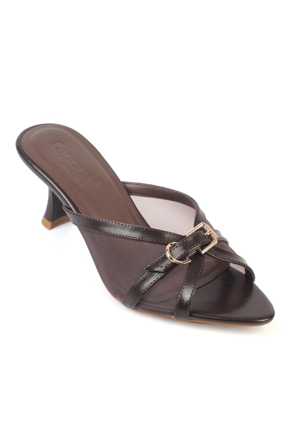 Capone Marnie Pointed Toe Mesh Metal Buckle Mid Heel Elegant Women Brown Sandal