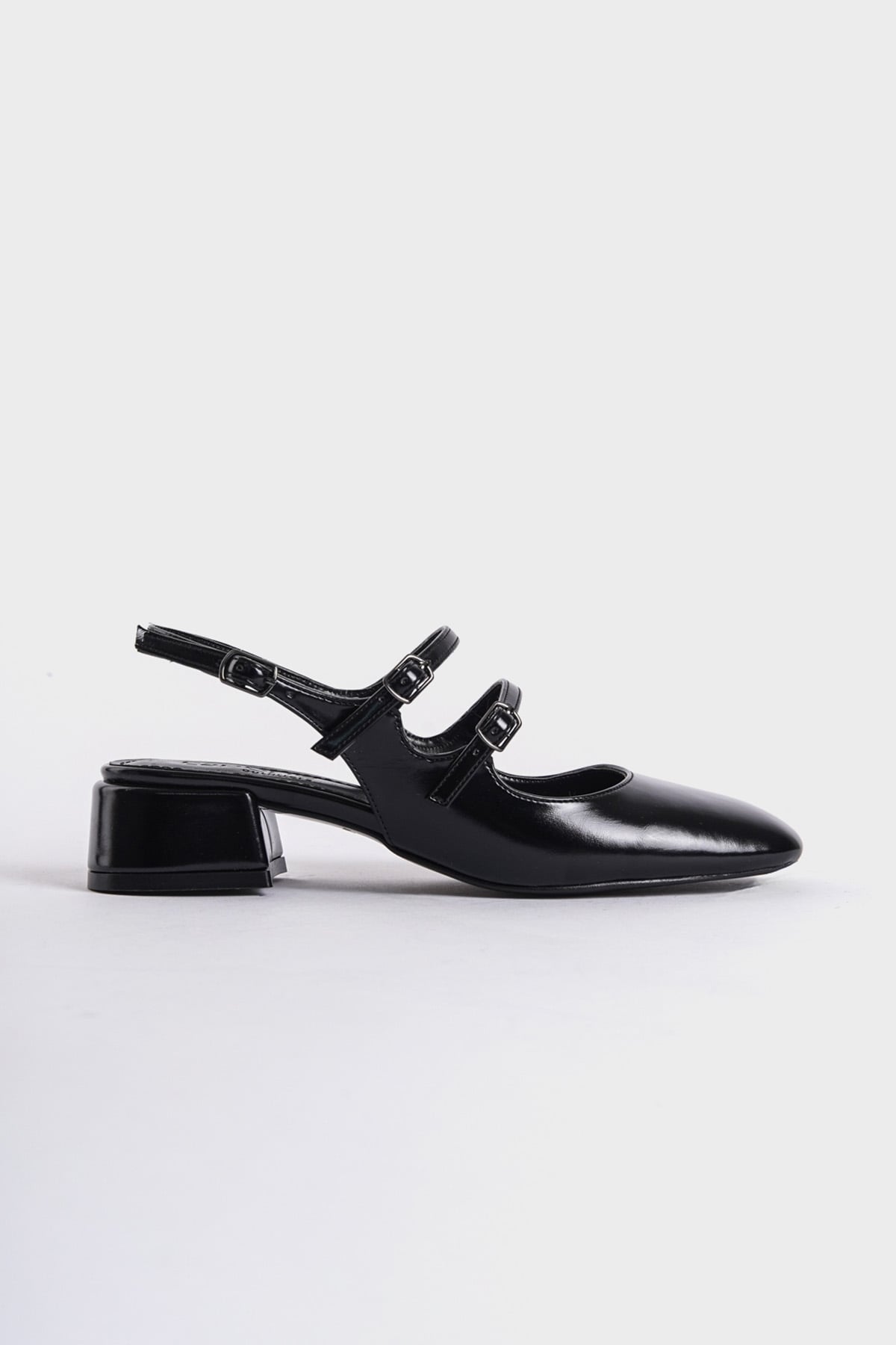 Capone Mary Jane Open Back Oval Toe Double Belted Women Black Shoes