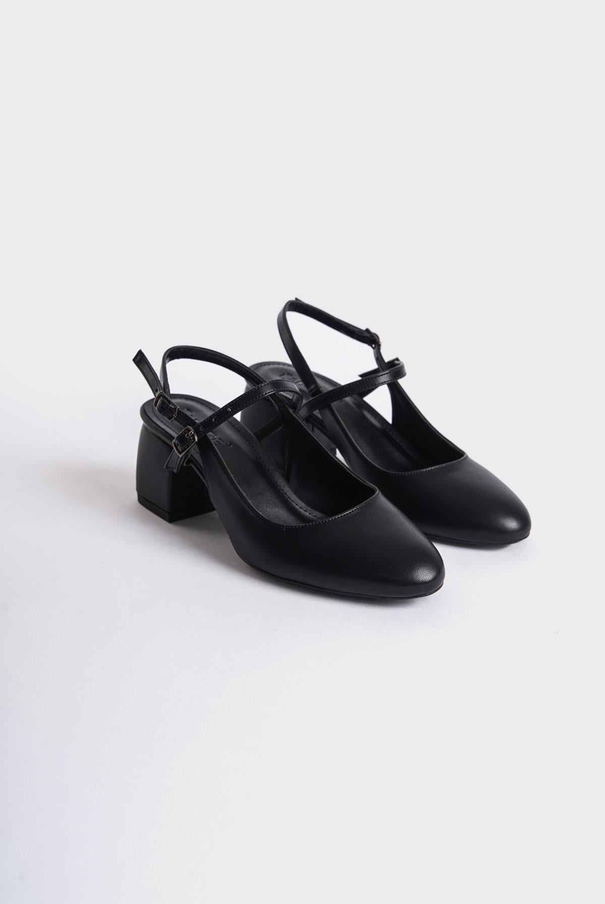 Capone Mary Jane Open Back Round Toe Belted Women Black Shoes