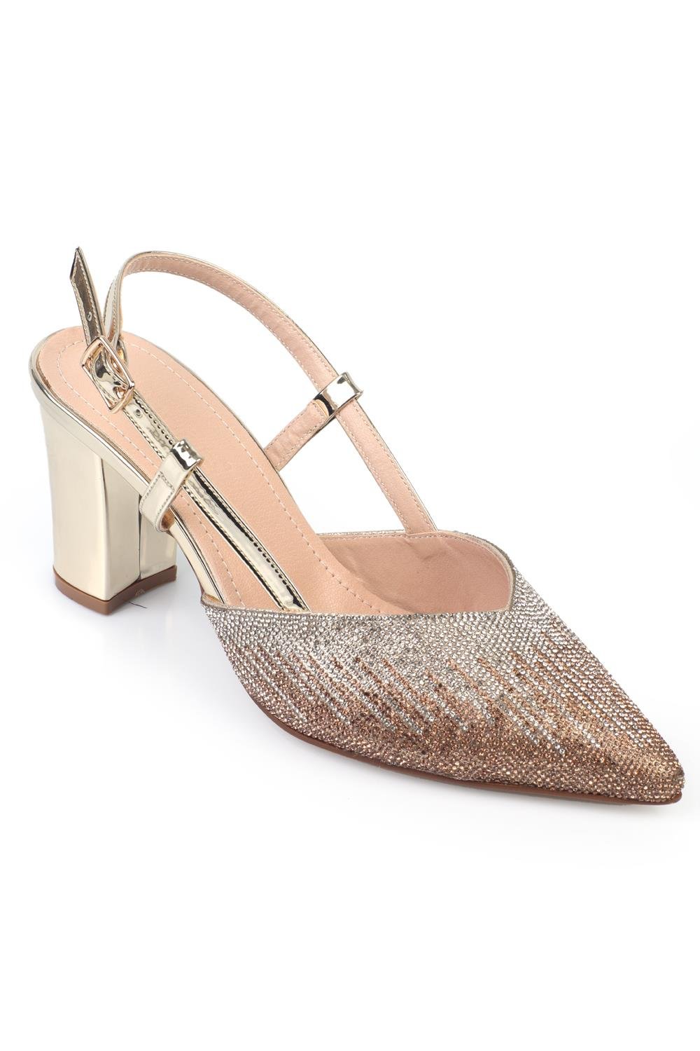 Capone Medium Heel Pointed Toe Crystal Embellished Women Gold Stylish Shoes