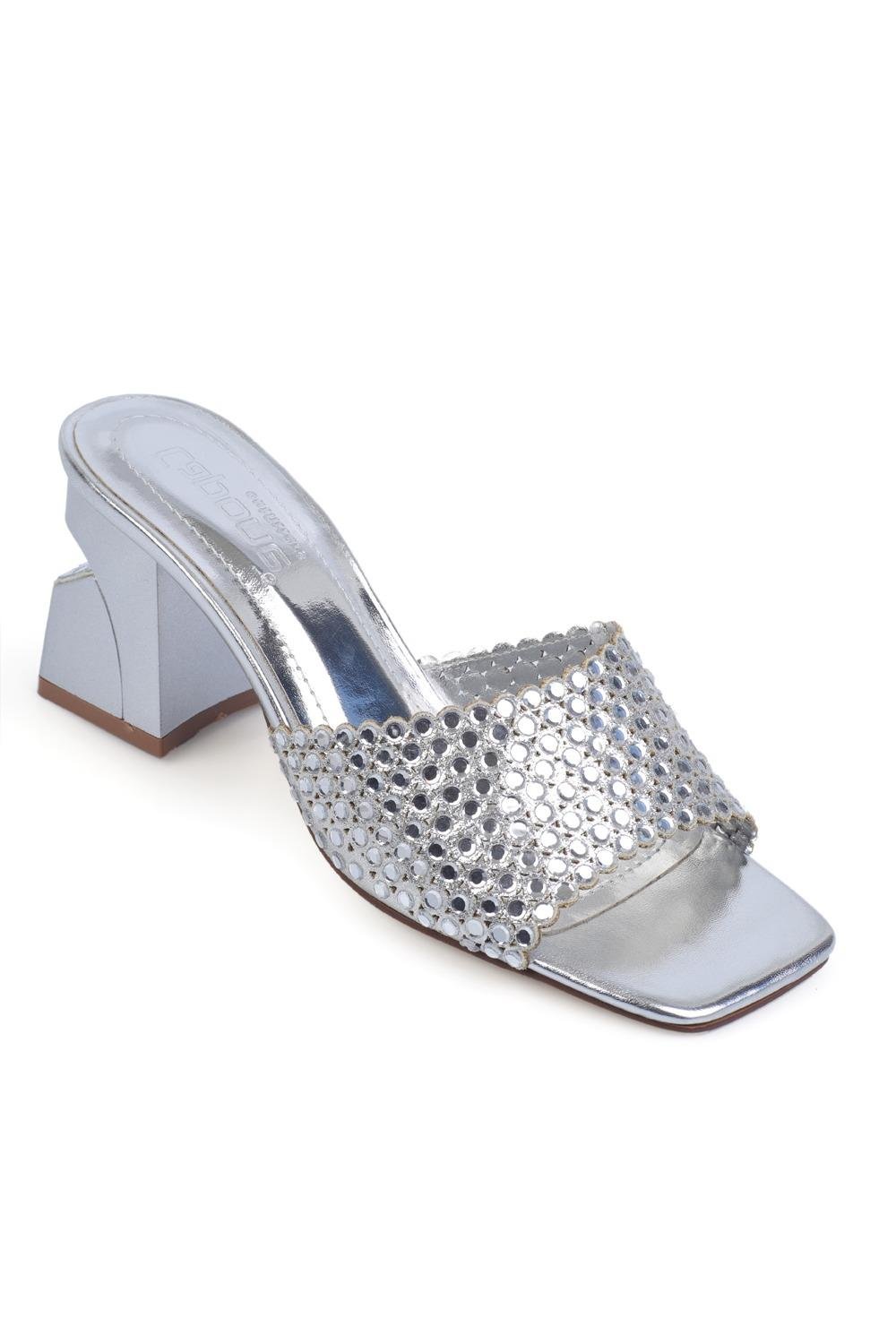 Capone Medium Heeled Blunt Toe Crystal Embellished Women Metallic Silver Sandals