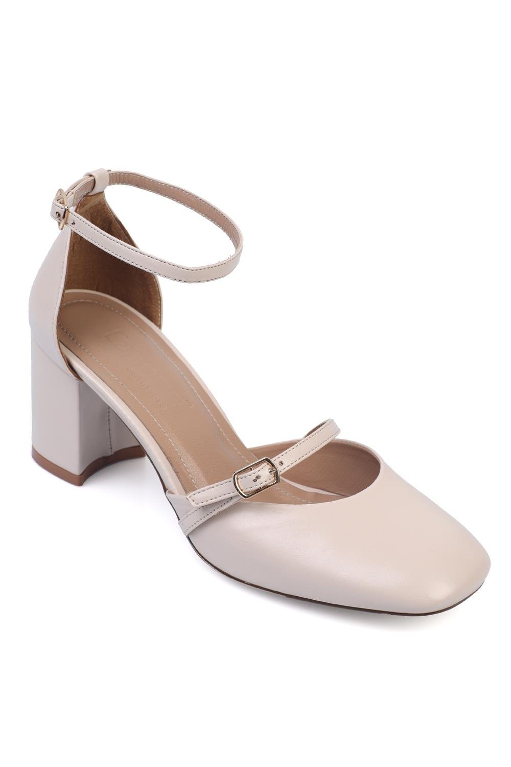 Capone Medium Heeled Double Buckled Ankle Strap Women Ecru Shoes