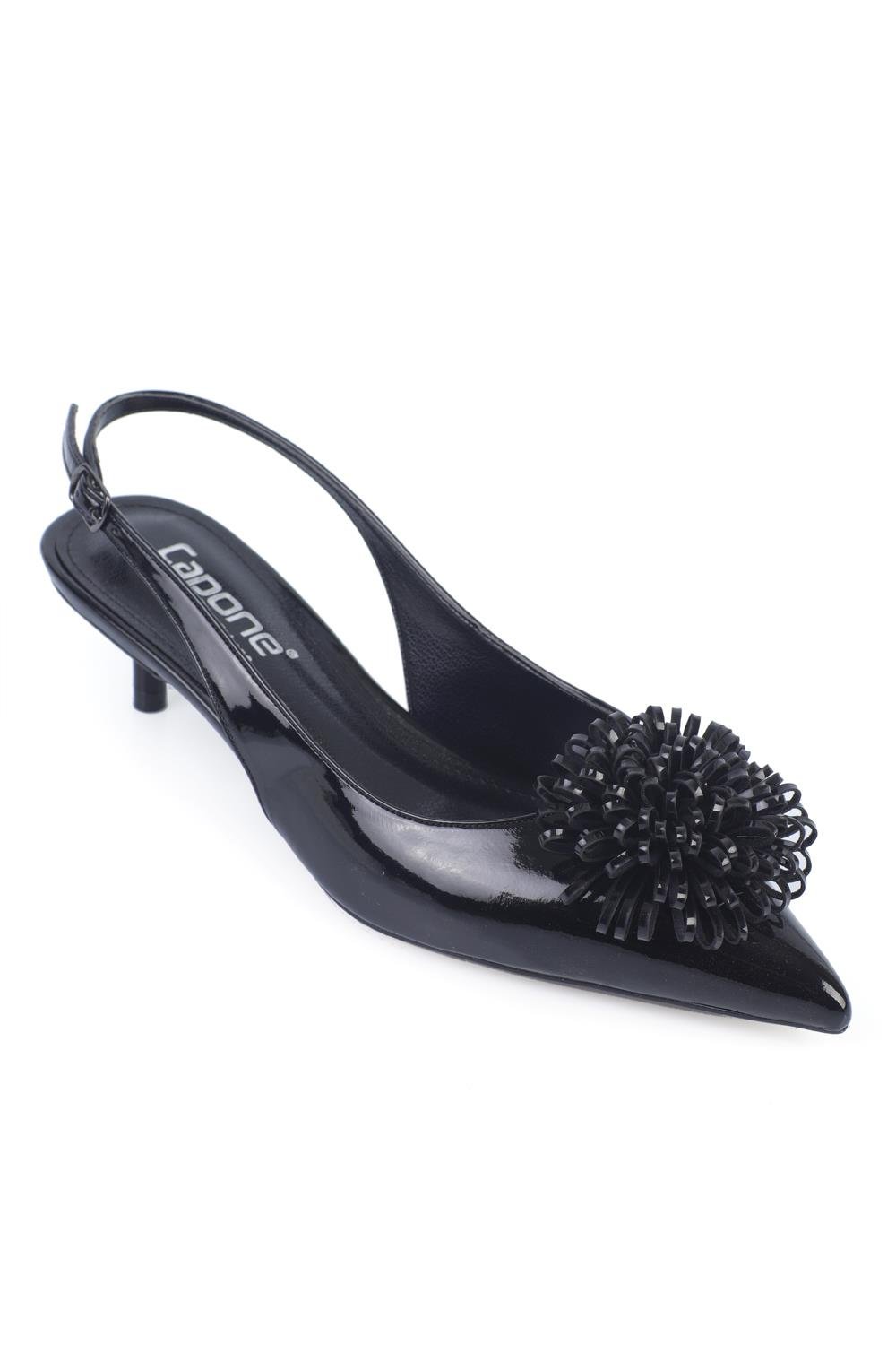 Capone Medium Heeled Floral Pointed Toe Open Back Women Patent Black Shoes