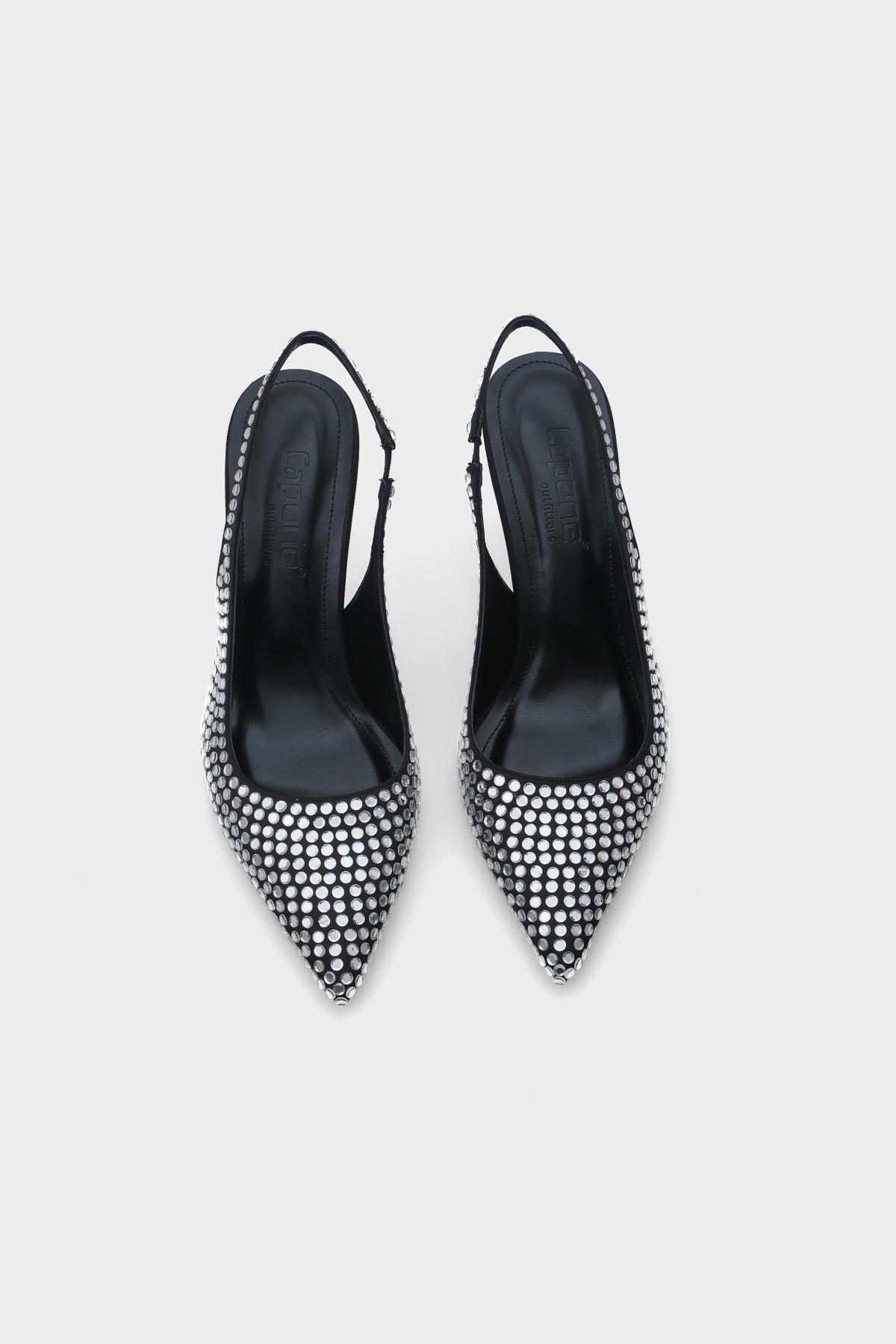Capone Medium Heeled Full Crystal Embellished Metal Heeled Women Satin Black Stylish Shoes