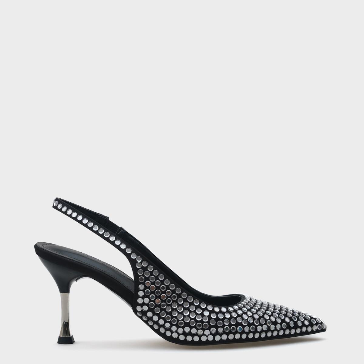 Capone Medium Heeled Full Crystal Embellished Metal Heeled Women Satin Black Stylish Shoes