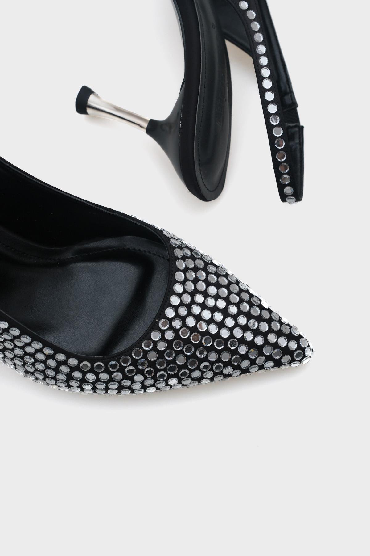 Capone Medium Heeled Full Crystal Embellished Metal Heeled Women Satin Black Stylish Shoes