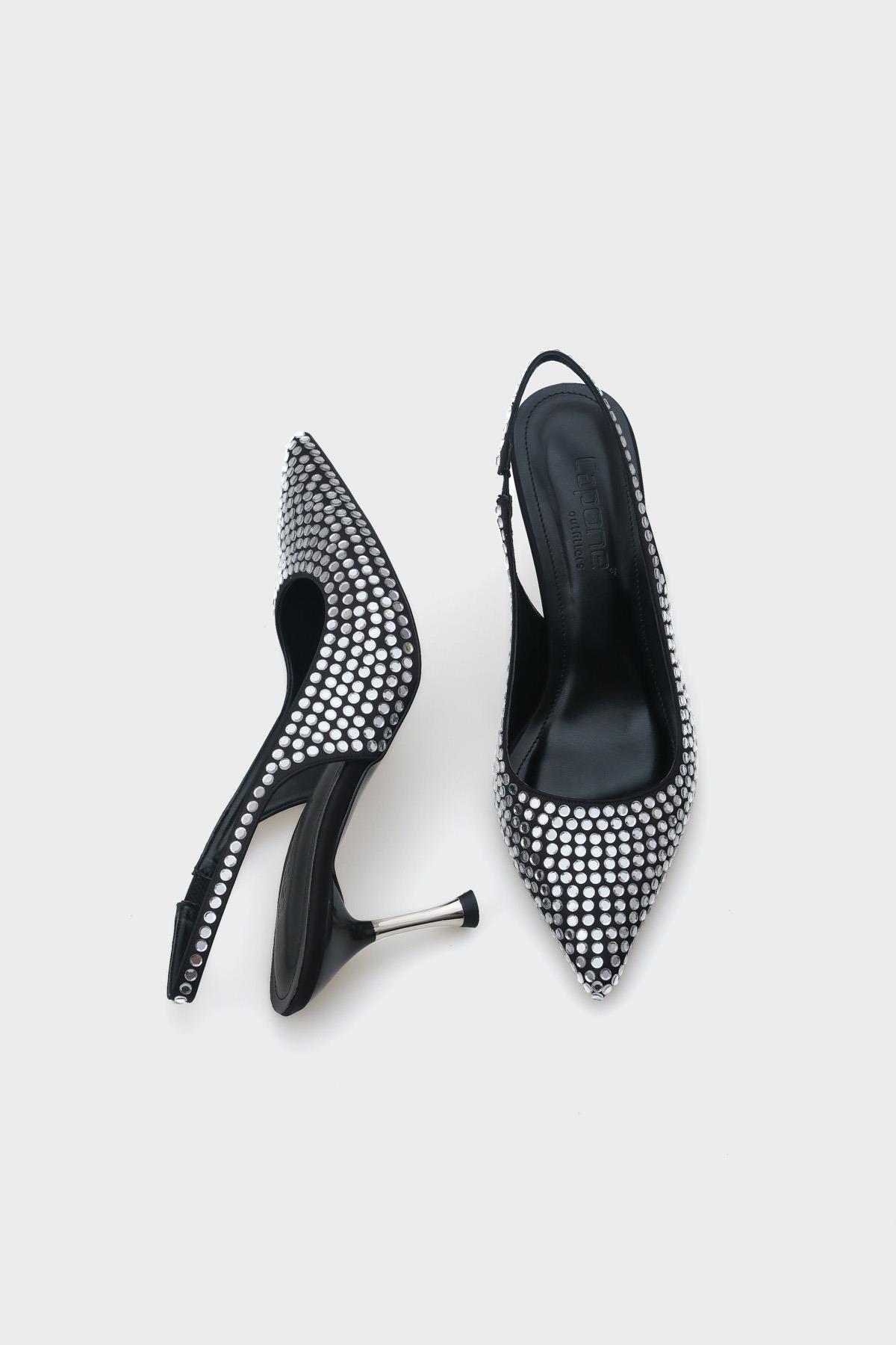 Capone Medium Heeled Full Crystal Embellished Metal Heeled Women Satin Black Stylish Shoes