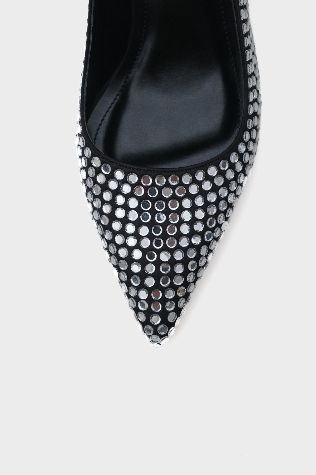 Capone Medium Heeled Full Crystal Embellished Metal Heeled Women Satin Black Stylish Shoes