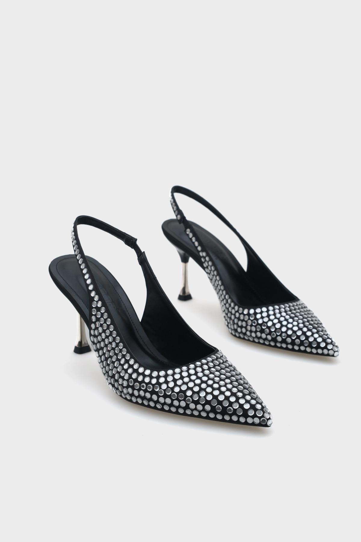 Capone Medium Heeled Full Crystal Embellished Metal Heeled Women Satin Black Stylish Shoes