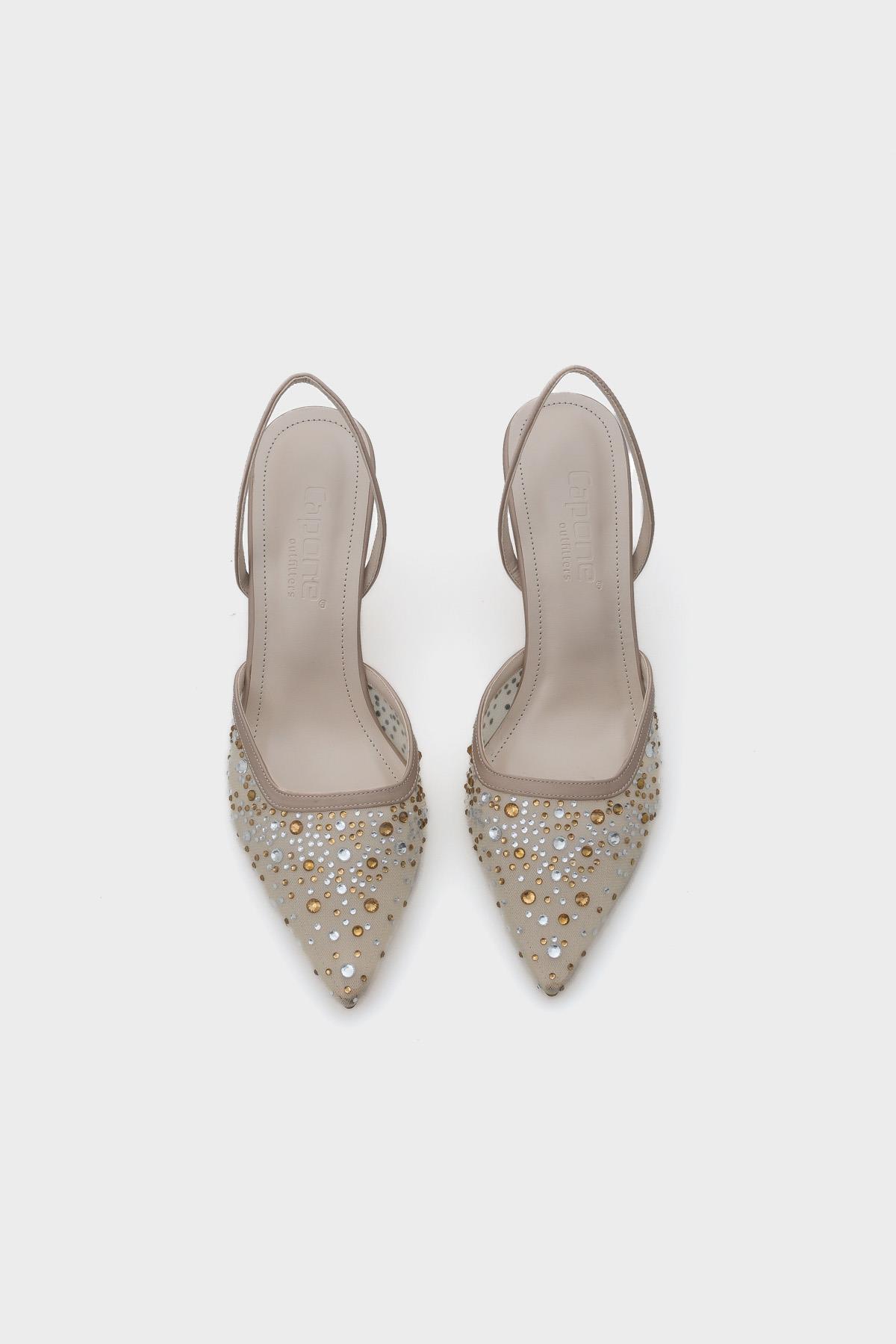 Capone Medium Heeled Mesh Full Crystal Embellished Metal Heeled Women Beige Stylish Shoes