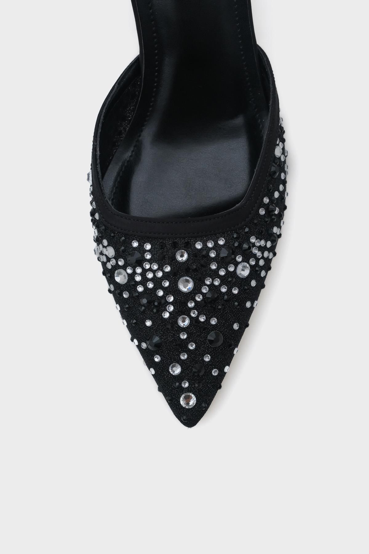 Capone Medium Heeled Mesh Full Crystal Embellished Metal Heeled Women Black Stylish Shoes