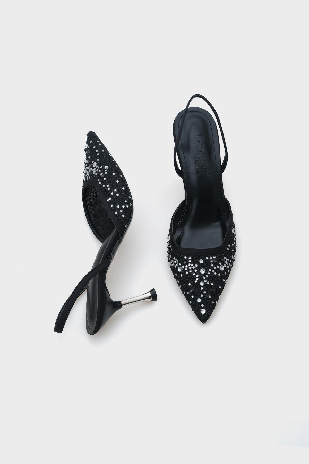 Capone Medium Heeled Mesh Full Crystal Embellished Metal Heeled Women Black Stylish Shoes