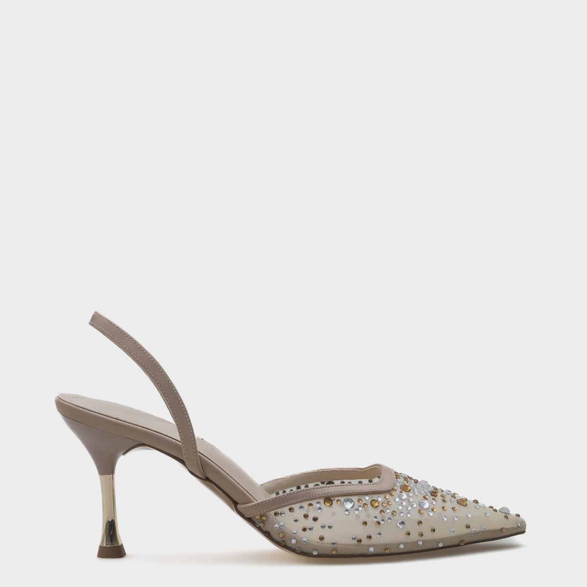 Capone Medium Heeled Mesh Full Crystal Embellished Metal Heeled Women Beige Stylish Shoes