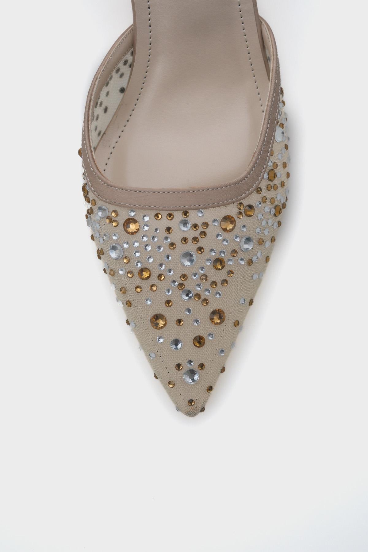 Capone Medium Heeled Mesh Full Crystal Embellished Metal Heeled Women Beige Stylish Shoes