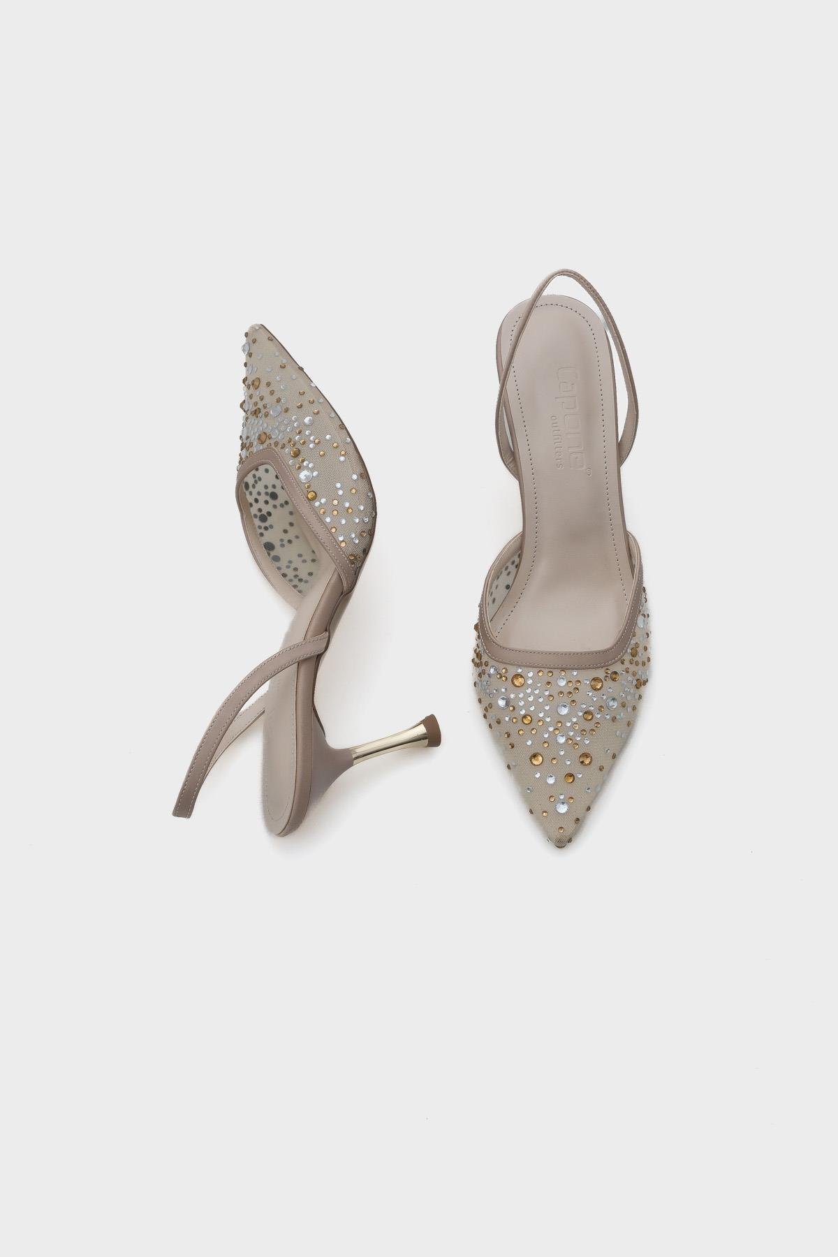 Capone Medium Heeled Mesh Full Crystal Embellished Metal Heeled Women Beige Stylish Shoes