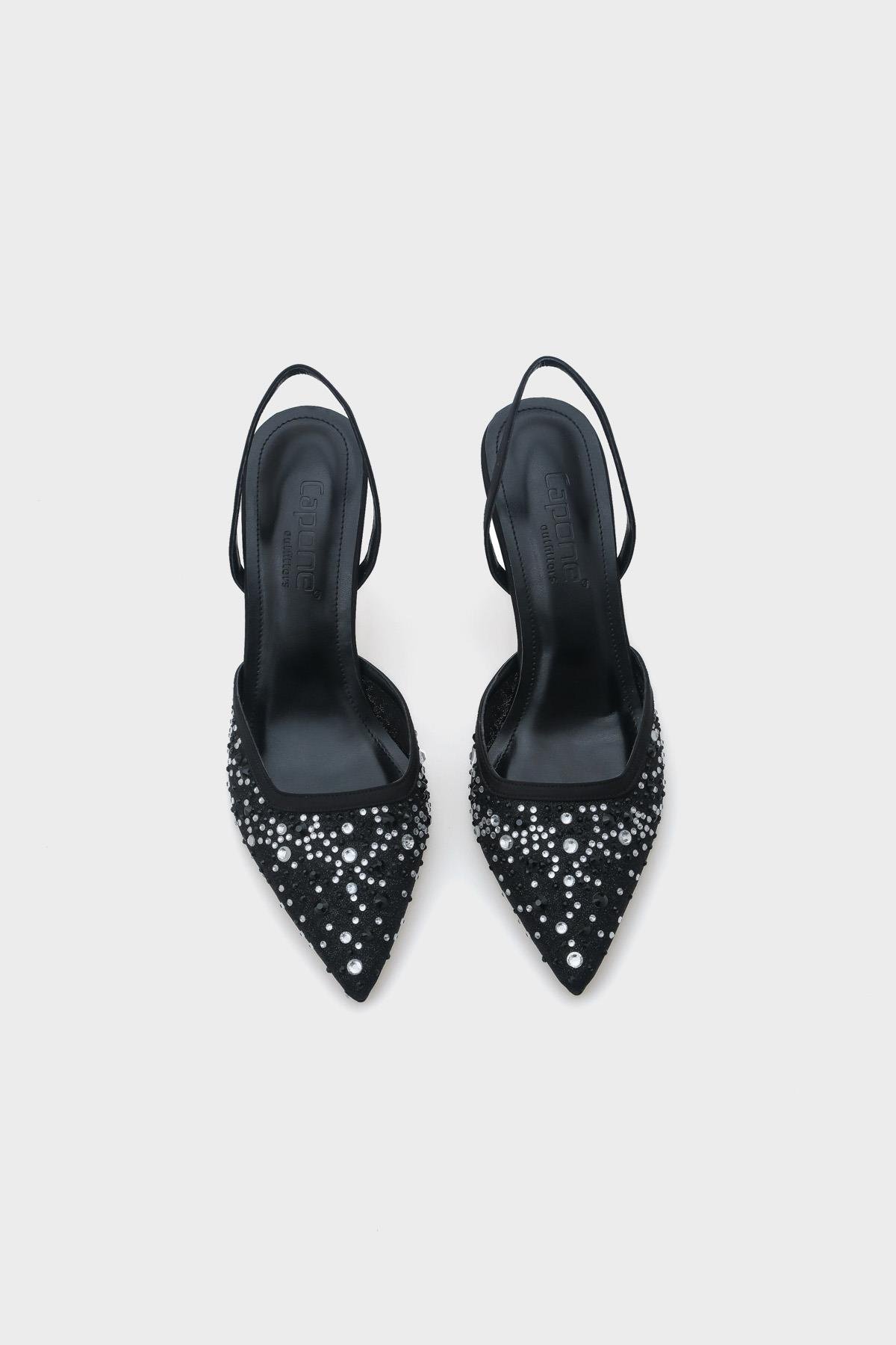 Capone Medium Heeled Mesh Full Crystal Embellished Metal Heeled Women Black Stylish Shoes