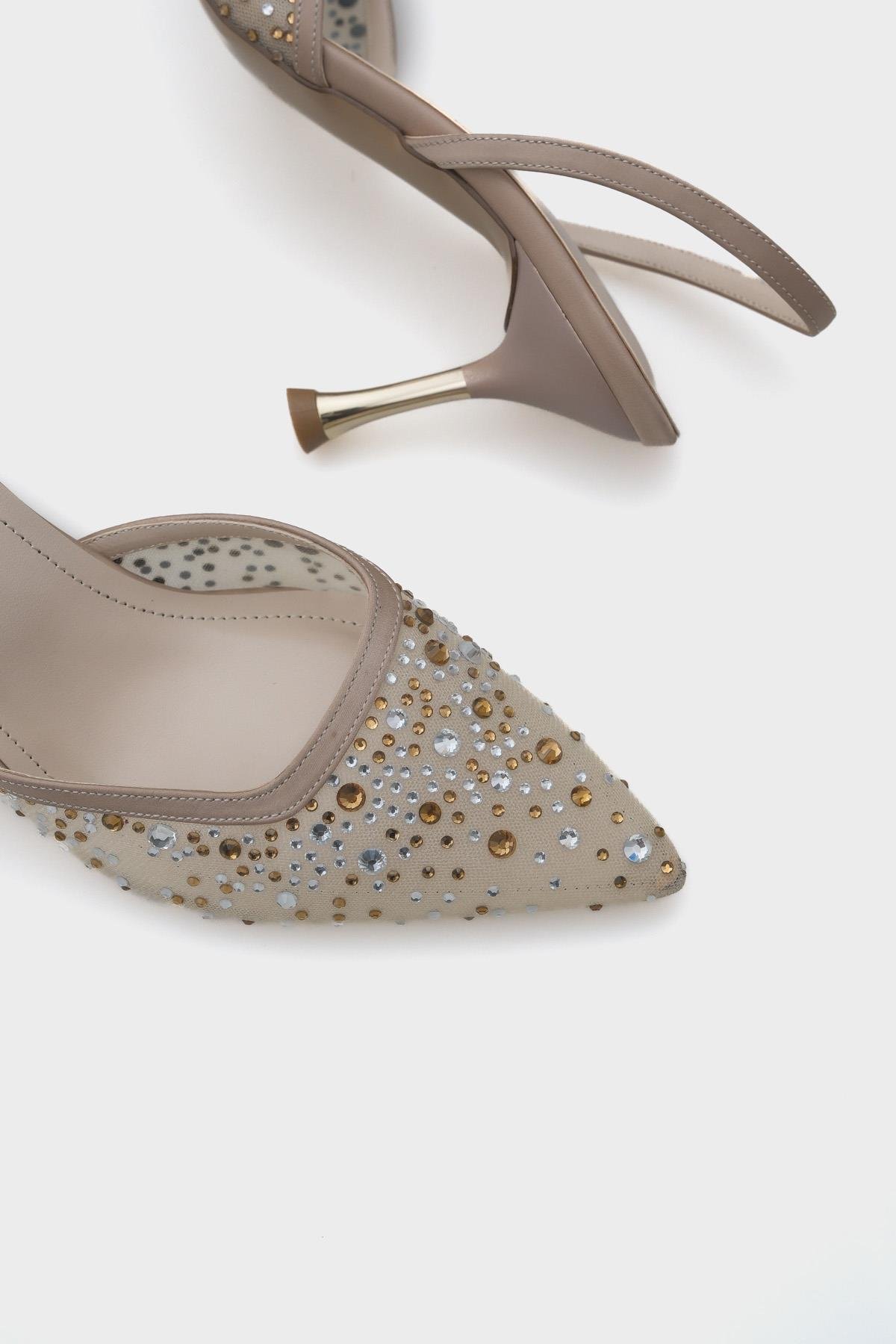 Capone Medium Heeled Mesh Full Crystal Embellished Metal Heeled Women Beige Stylish Shoes
