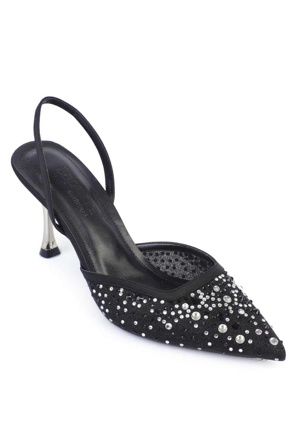 Capone Medium Heeled Mesh Full Crystal Embellished Metal Heeled Women Black Stylish Shoes