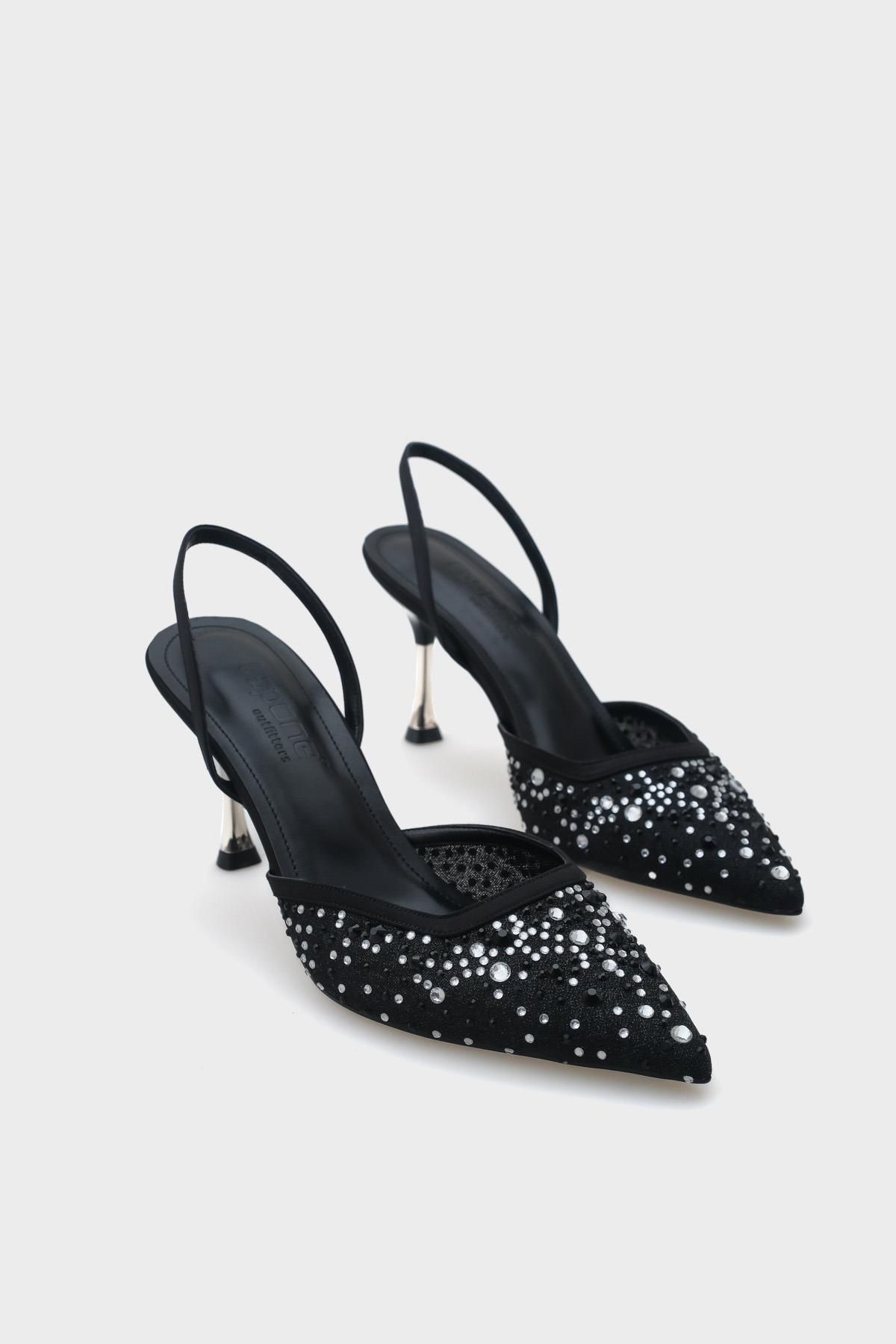 Capone Medium Heeled Mesh Full Crystal Embellished Metal Heeled Women Black Stylish Shoes