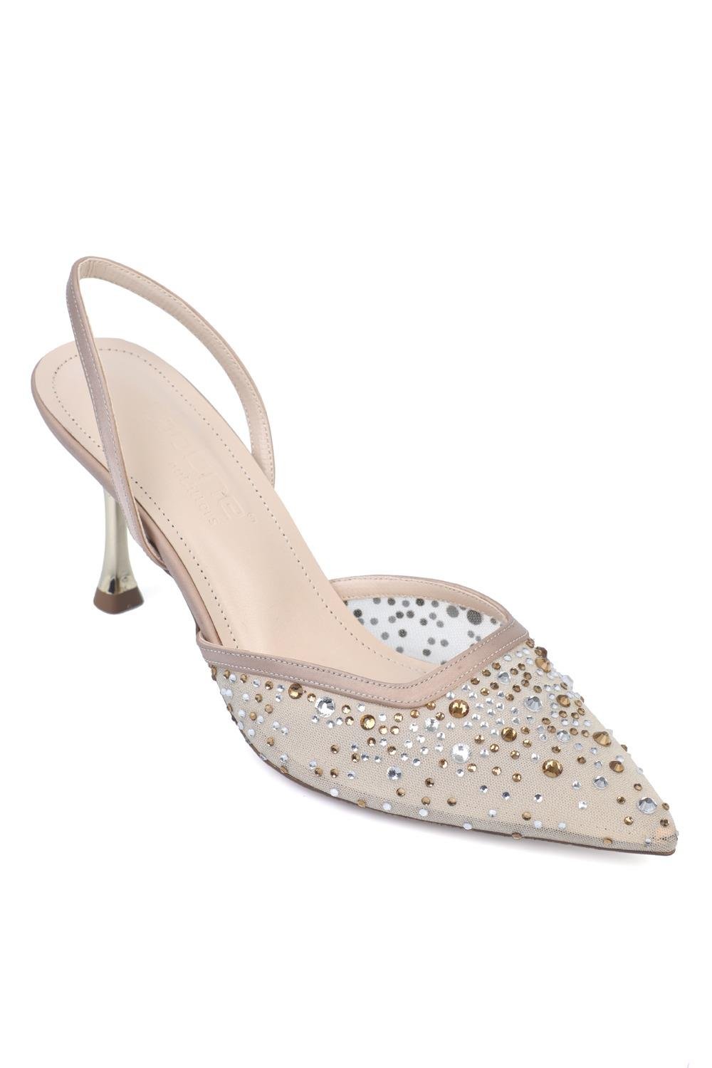 Capone Medium Heeled Mesh Full Crystal Embellished Metal Heeled Women Beige Stylish Shoes