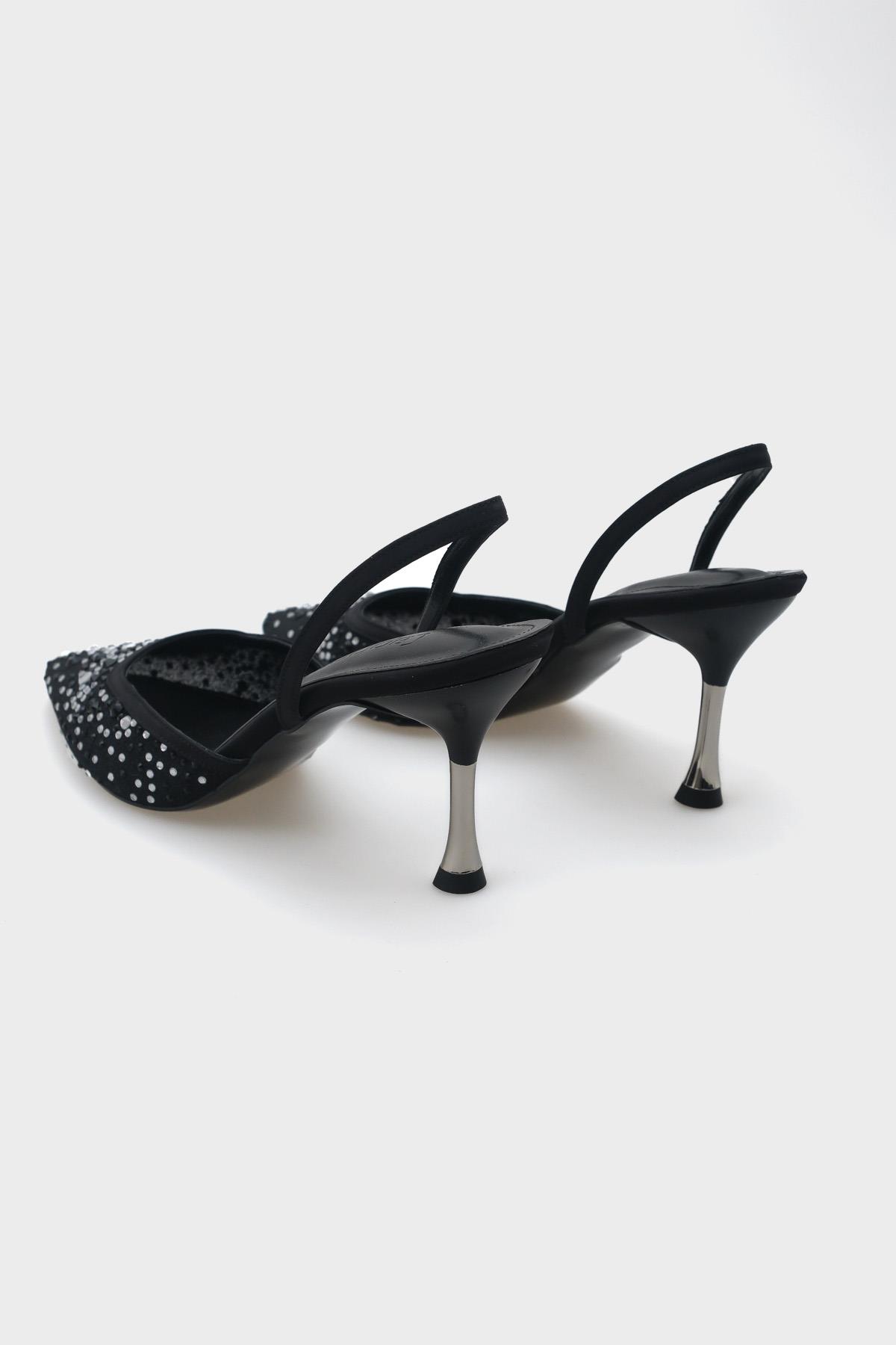 Capone Medium Heeled Mesh Full Crystal Embellished Metal Heeled Women Black Stylish Shoes