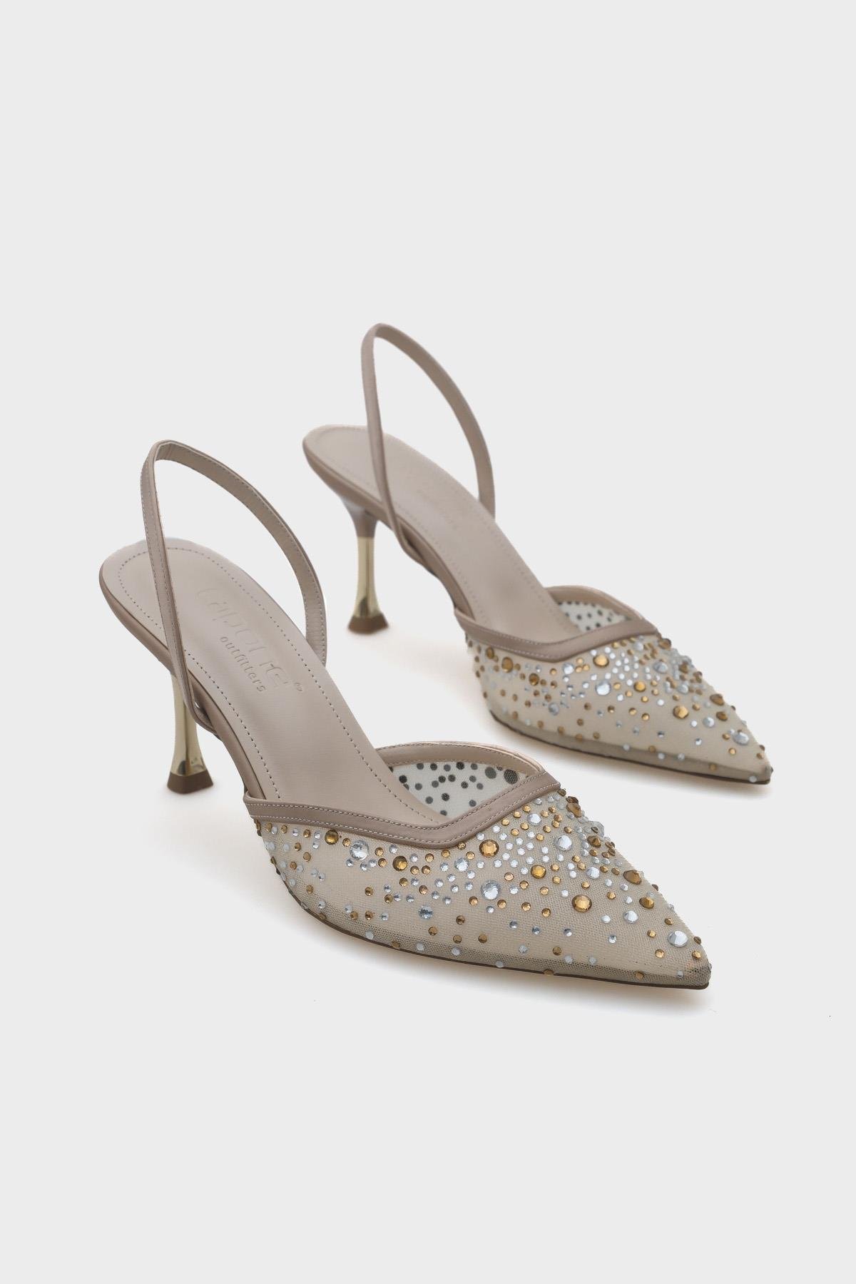 Capone Medium Heeled Mesh Full Crystal Embellished Metal Heeled Women Beige Stylish Shoes